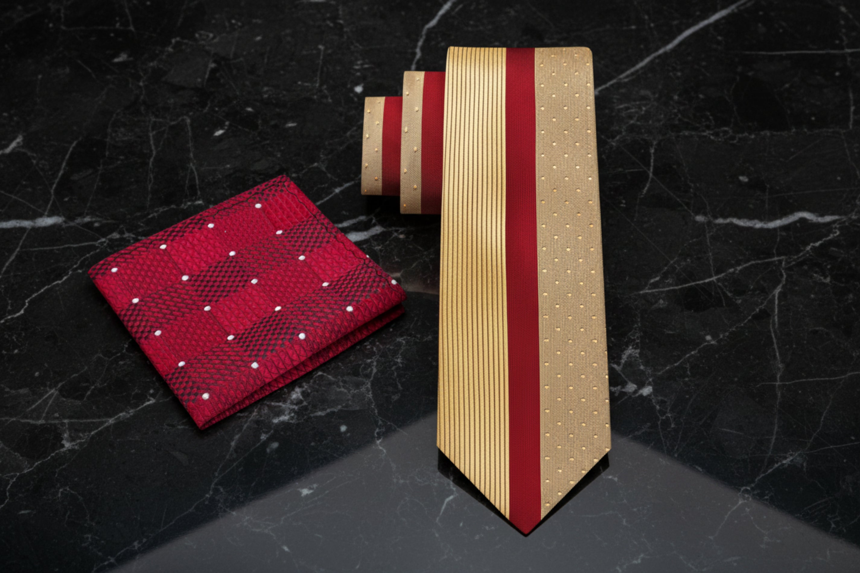 Gold & Burgundy Abstract Necktie | 2 Widths, 2 Lengths + Pocket Square