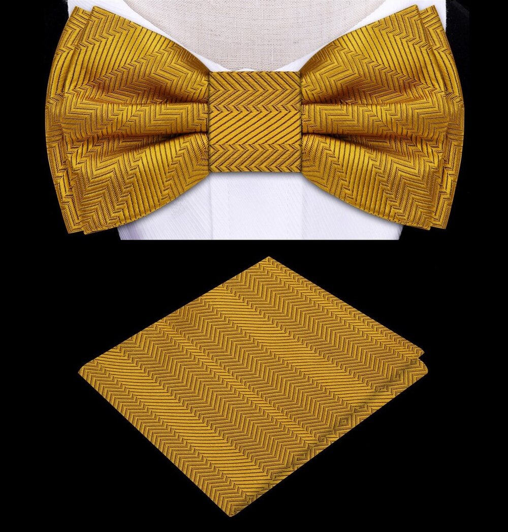 A Solid Golden Amber Color with Lined Texture Pattern Silk Kids Pre-Tied Bow Tie, Matching Pocket Square