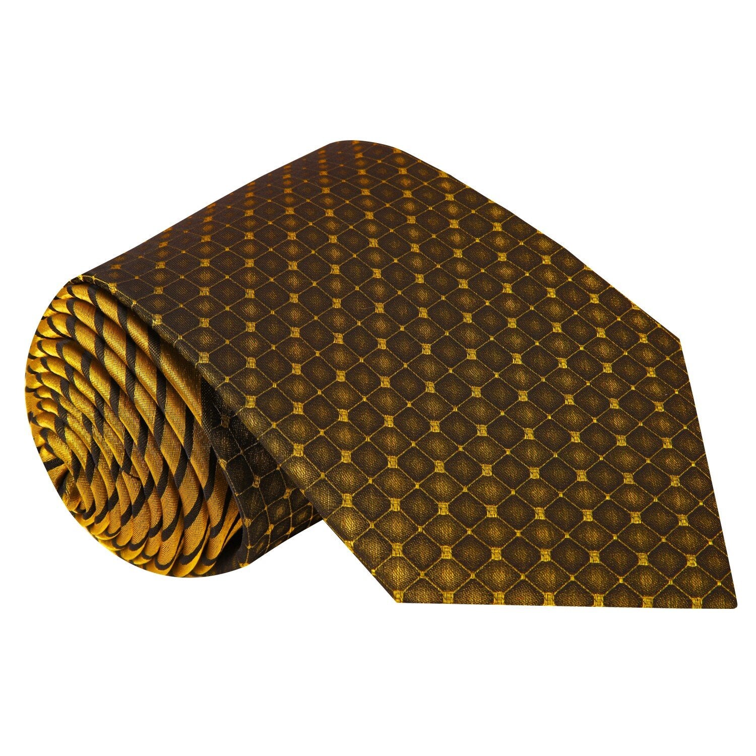 A Gold Check With Stripe Pattern Silk Necktie  