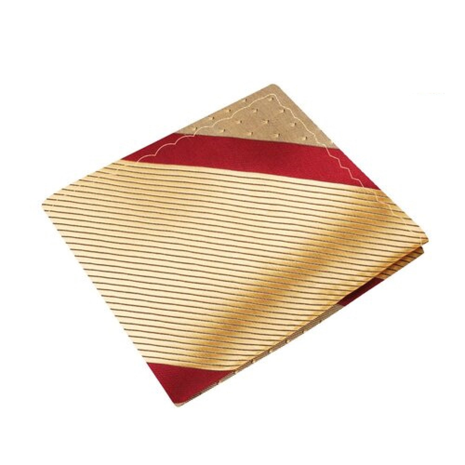 A Gold, Burgundy Color Stripe with Subtle Check and Stripe Texture Pattern Silk Pocket Square