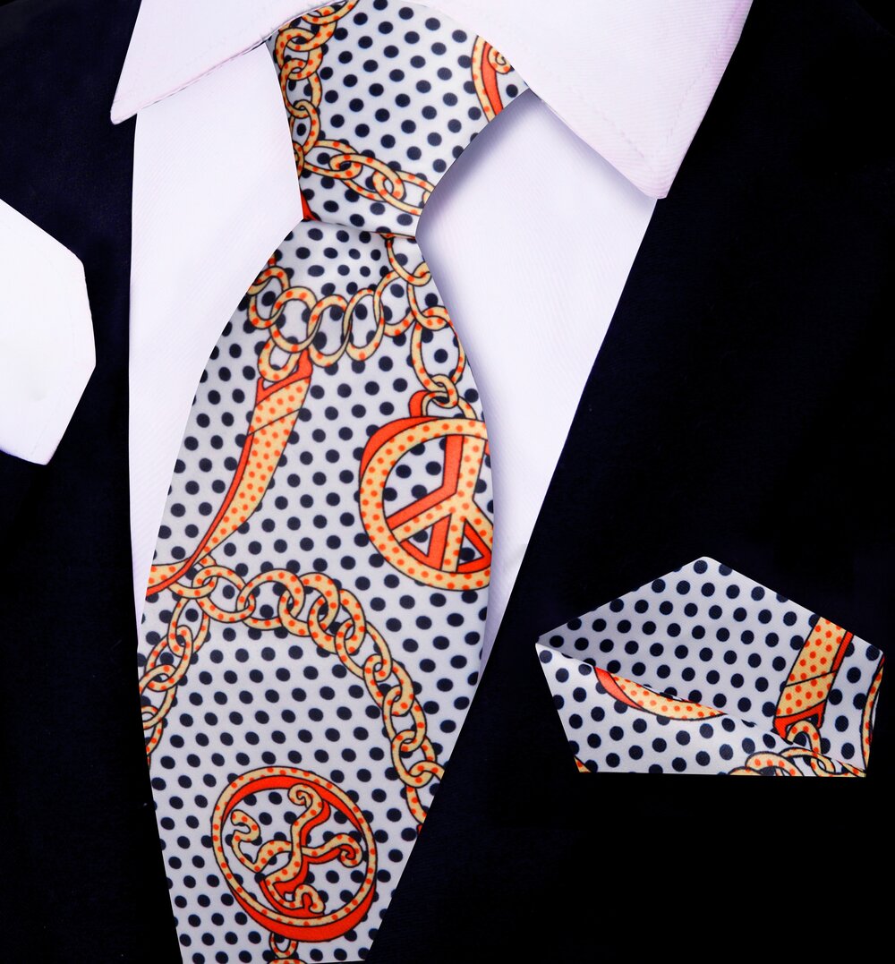Deion "PRIME TIME" Sanders PEACE Tie and Pocket Square||Off-white, Gold, Black