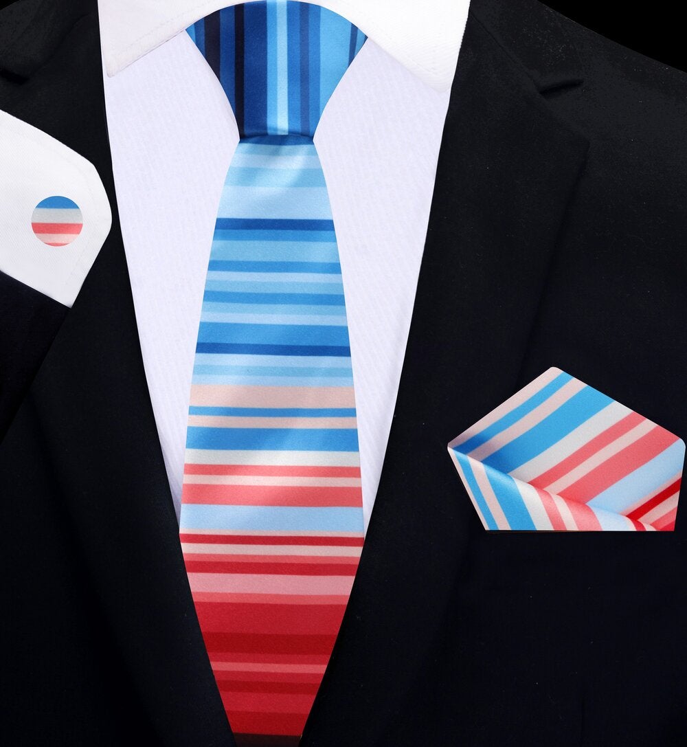 Thin Tie view Red blue stripe tie and square