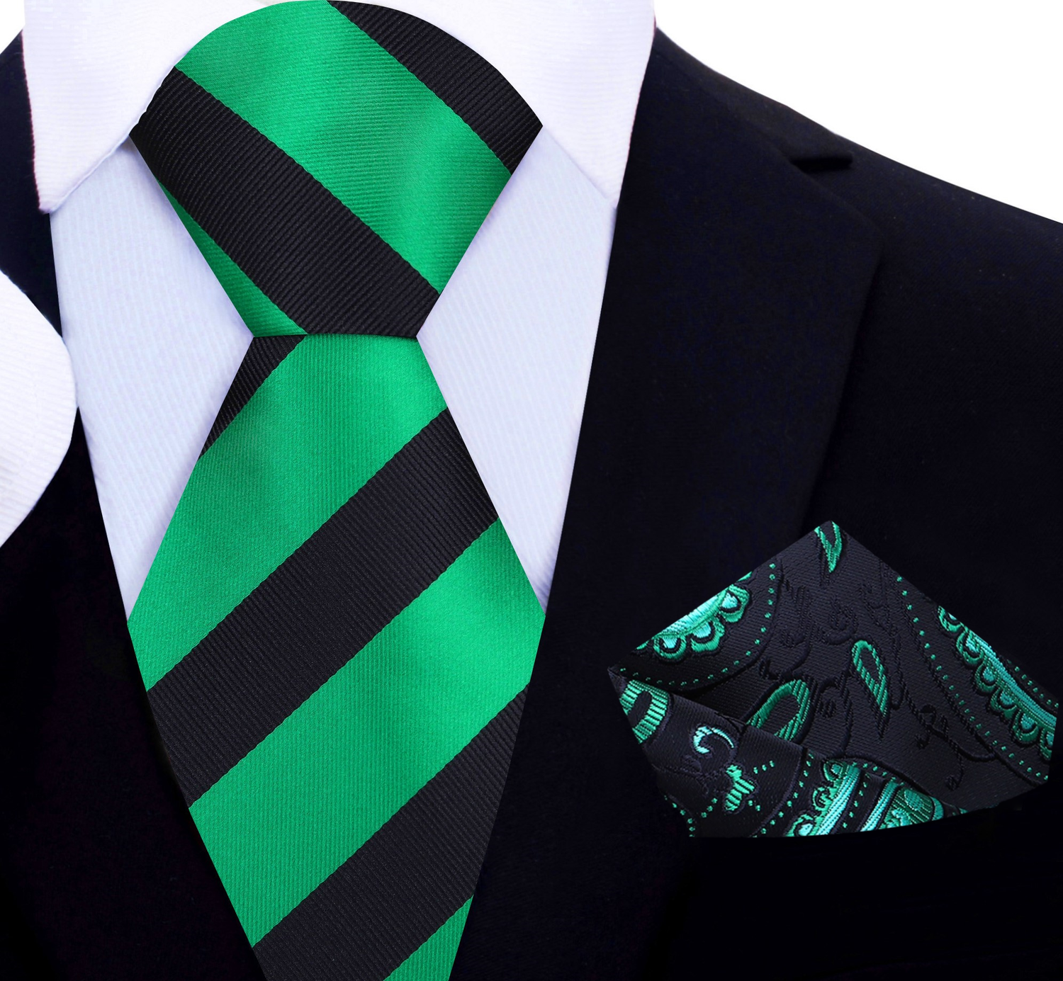 Black, Green Block Stripe Tie and Black and Green Paisley Pocket Square