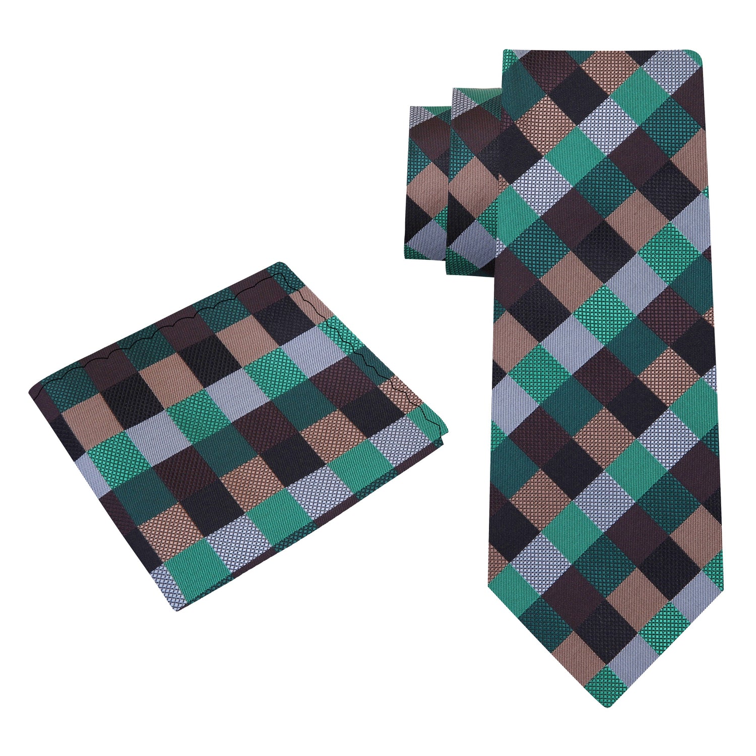 Alt View: Black, Green, Brown, Grey Check Tie and Pocket Square