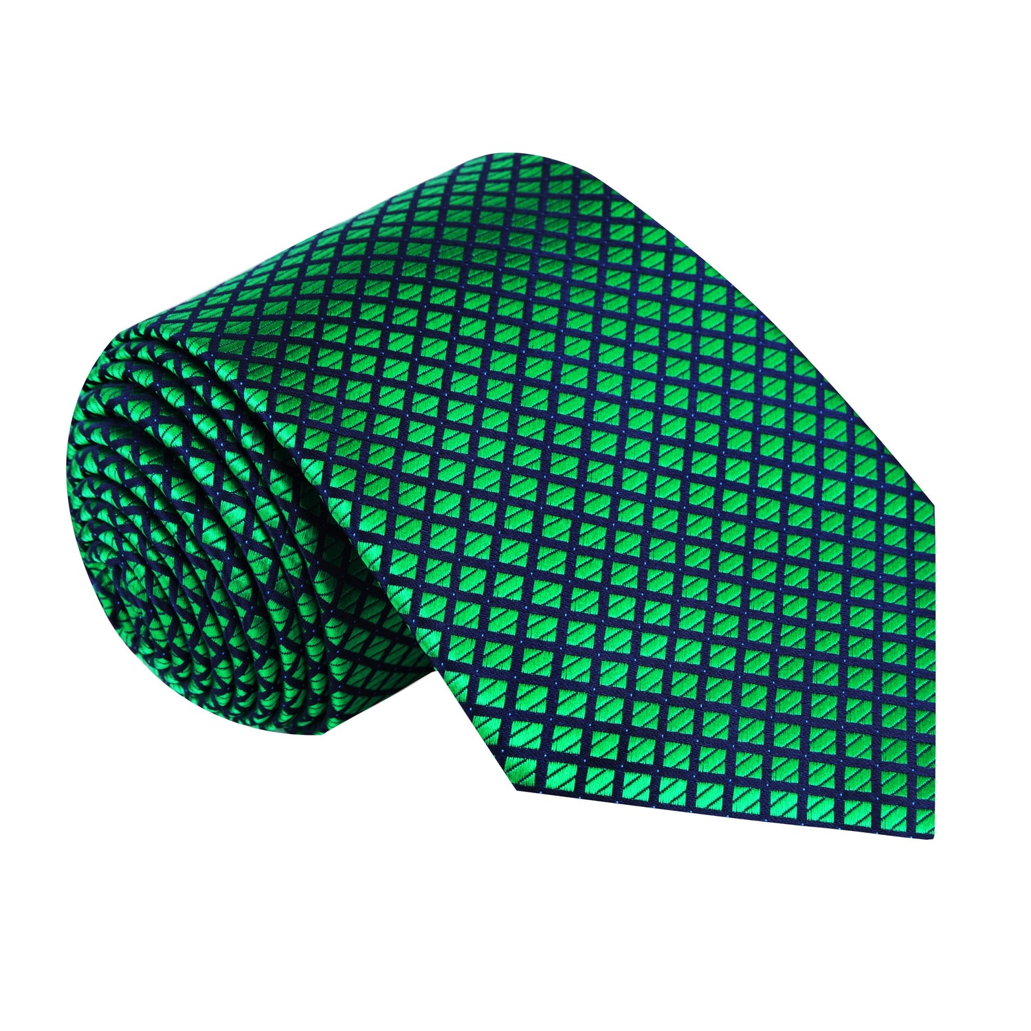 A Green, Black Small Check Pattern Silk Necktie 