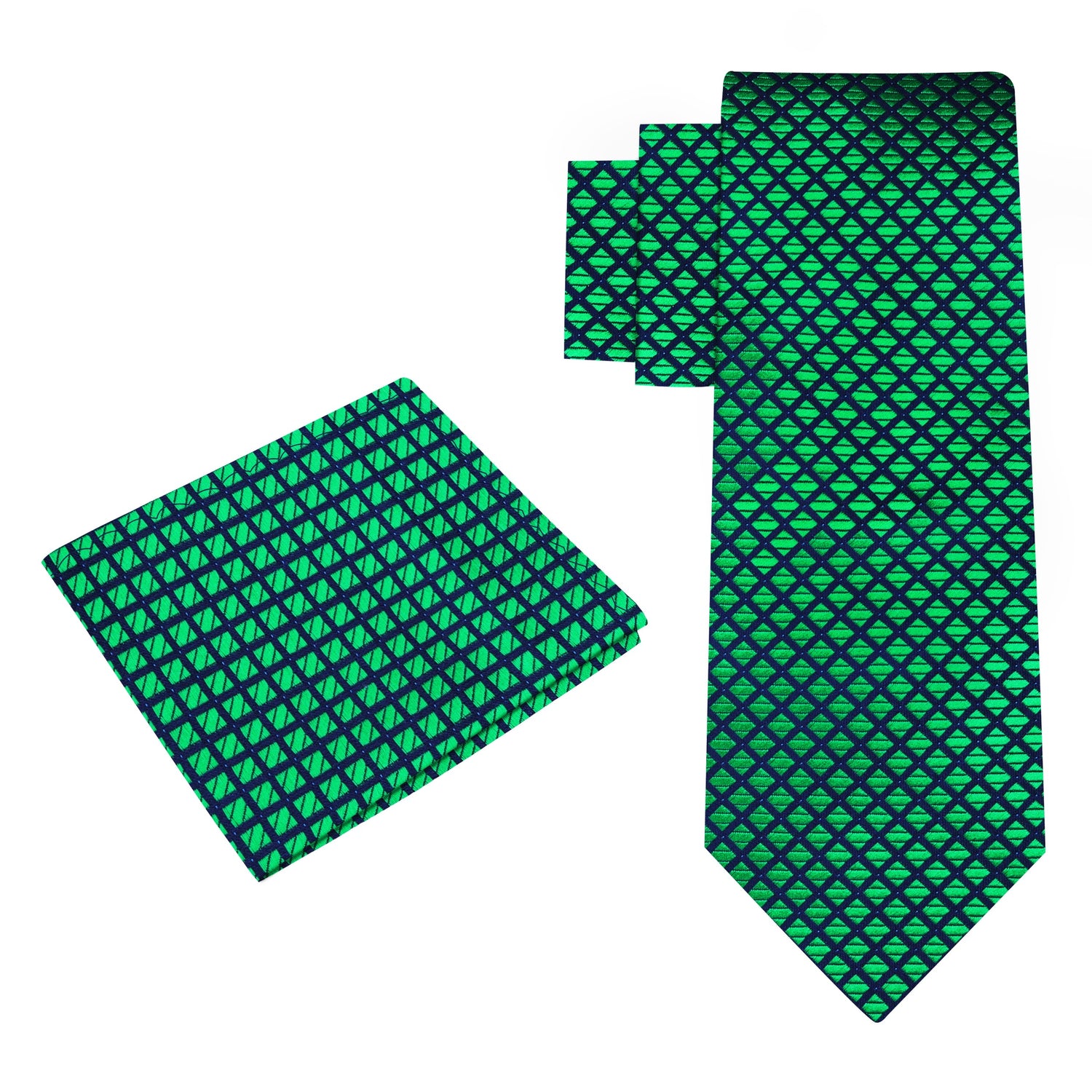Alt View: A Green, Black Small Check Pattern Silk Necktie, Matching Pocket Square