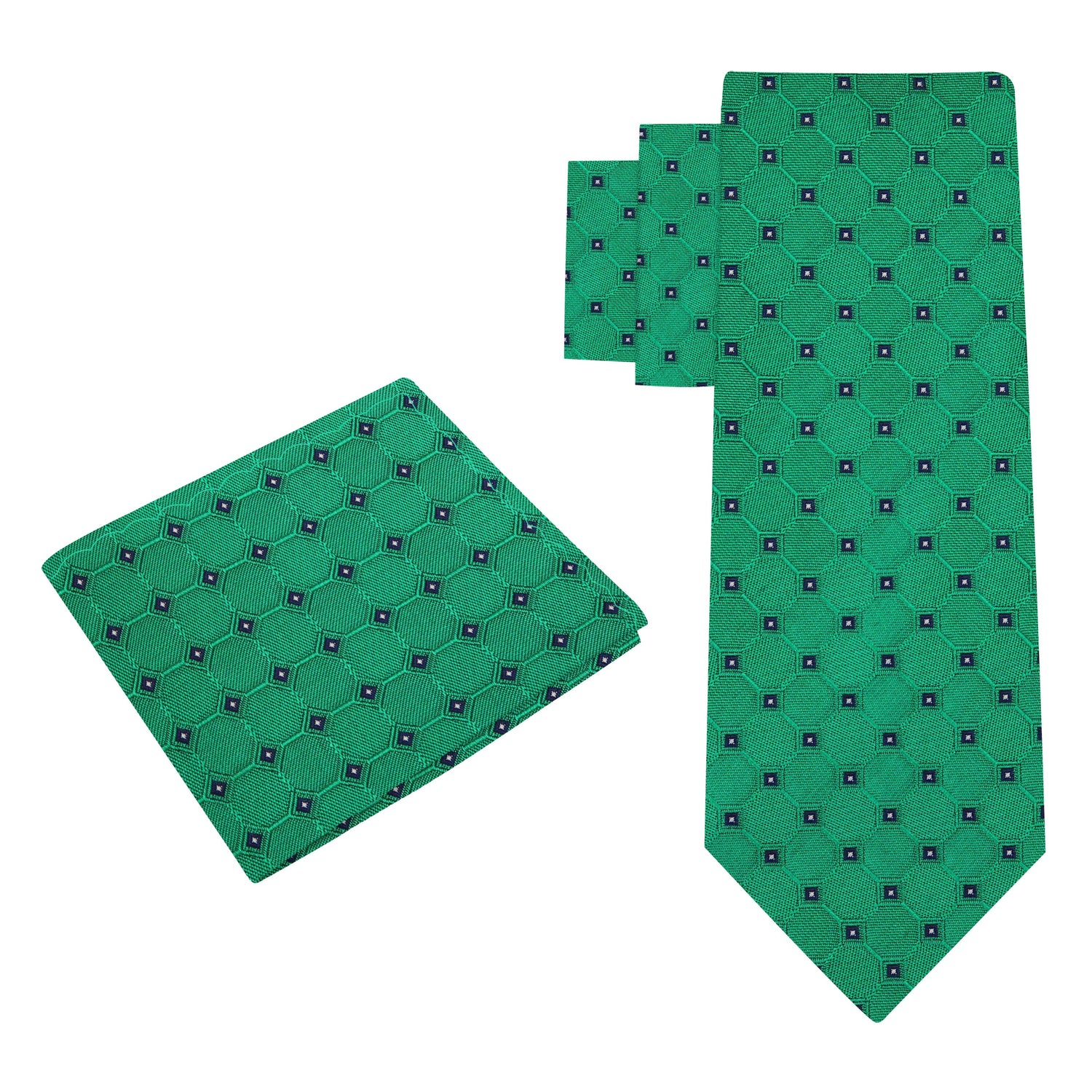 Alt View: A Green, Black, White Geometric Texture With Small Black, White Checks Silk Necktie, Pocket Square