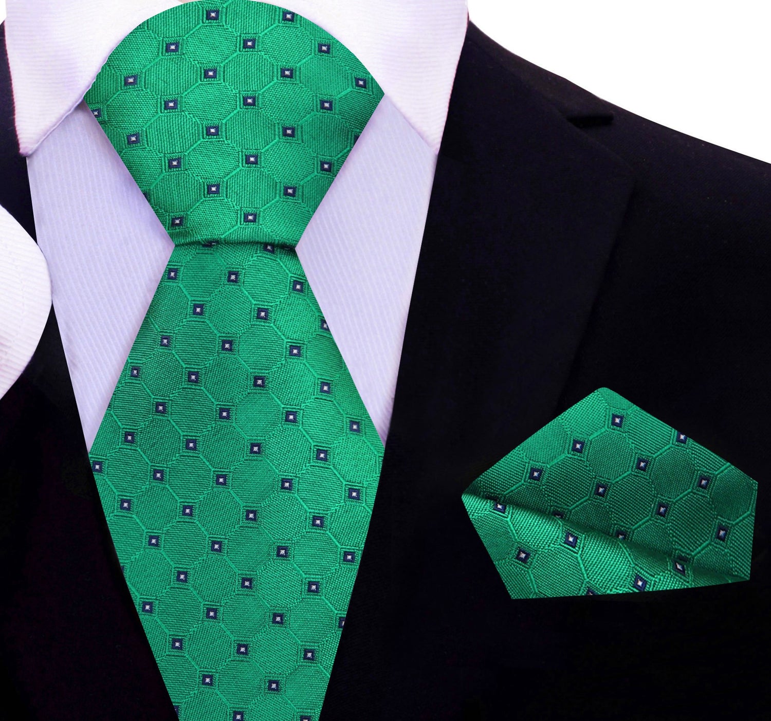 A Green, Black, White Geometric Texture With Small Black, White Checks Silk Necktie, Pocket Square