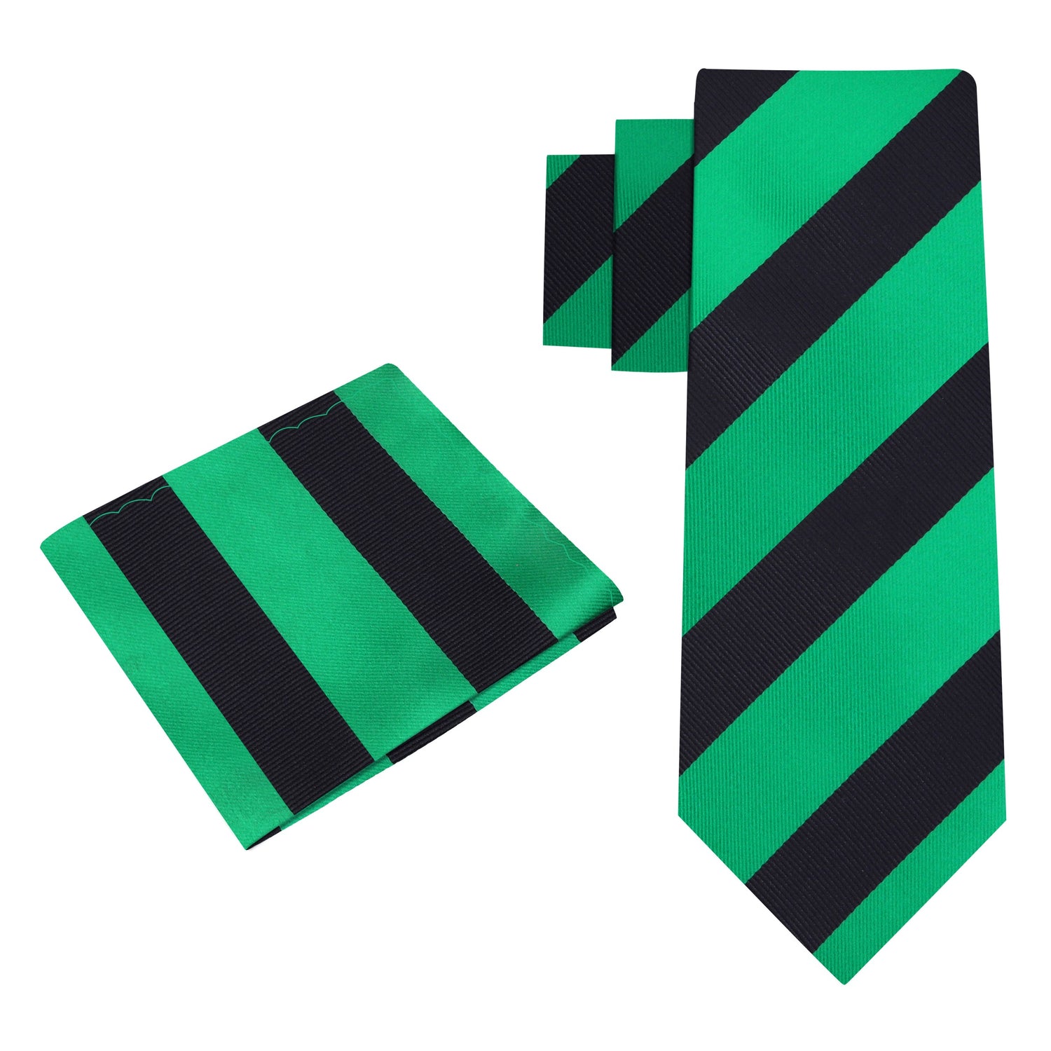 Alt: A Green, Black Stripe Pattern Silk Necktie, Matching Pocket Square