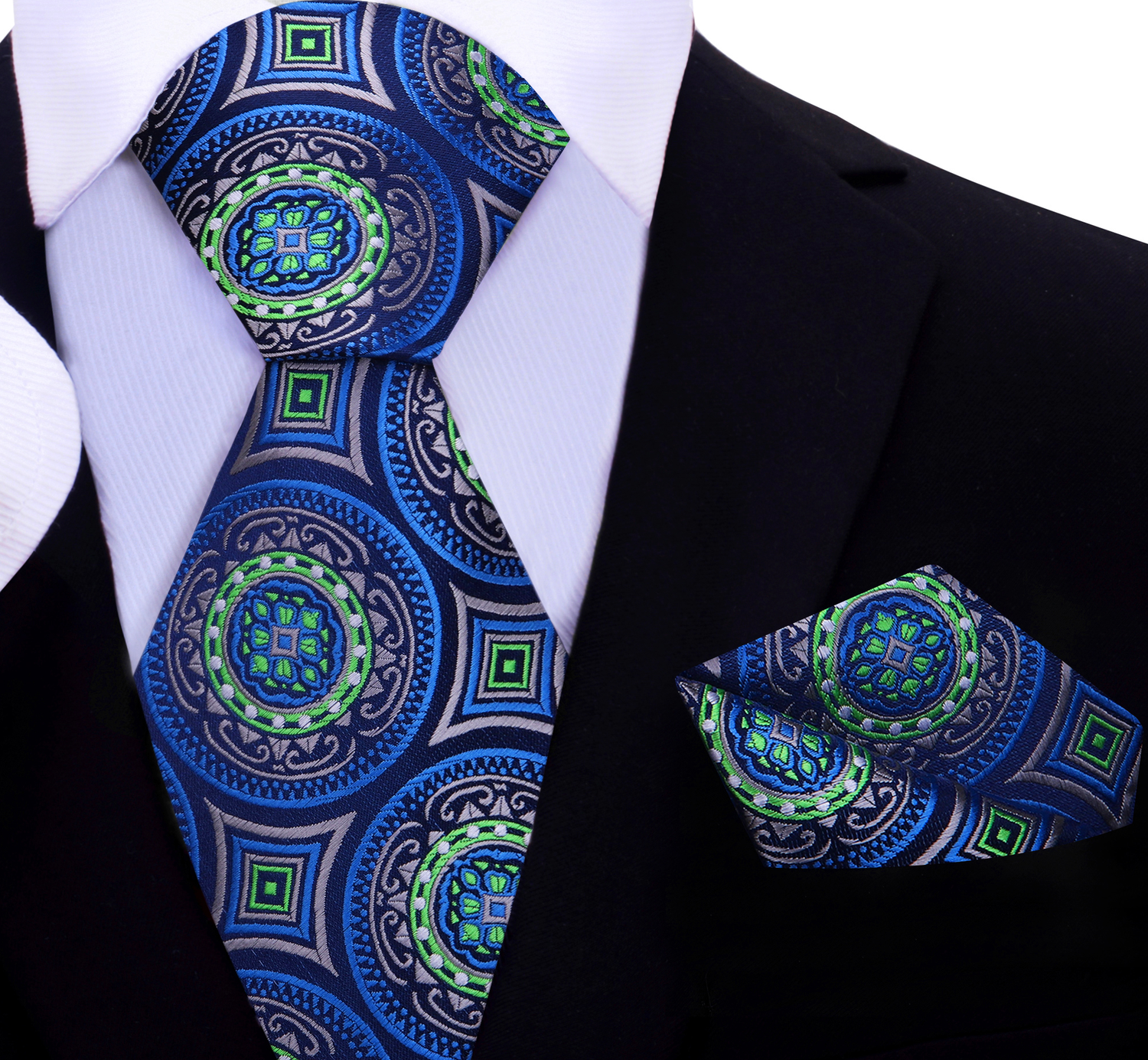 Blue, Green and Grey Abstract Tie and Square