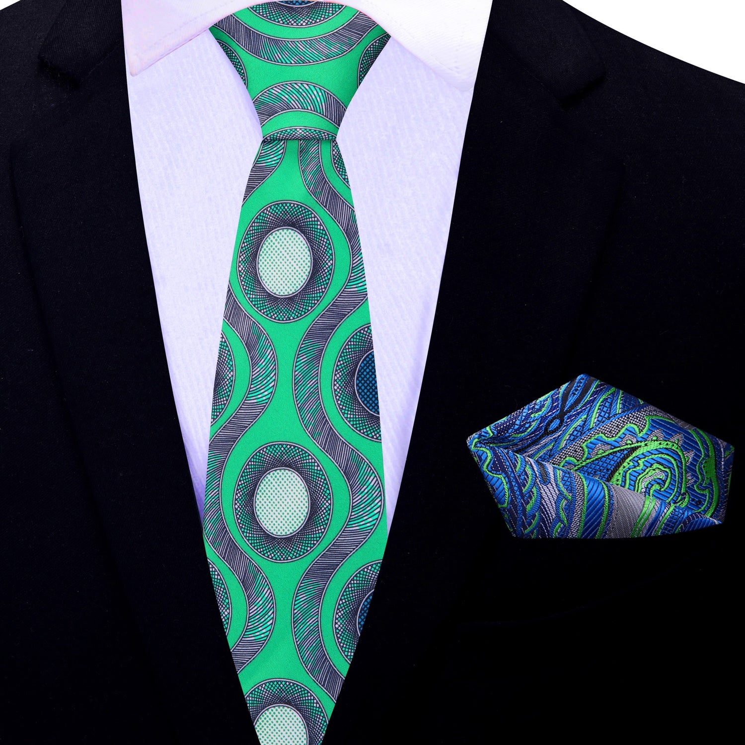 Thin Tie: Green Blue Waves and Circles Tie and Accenting Square