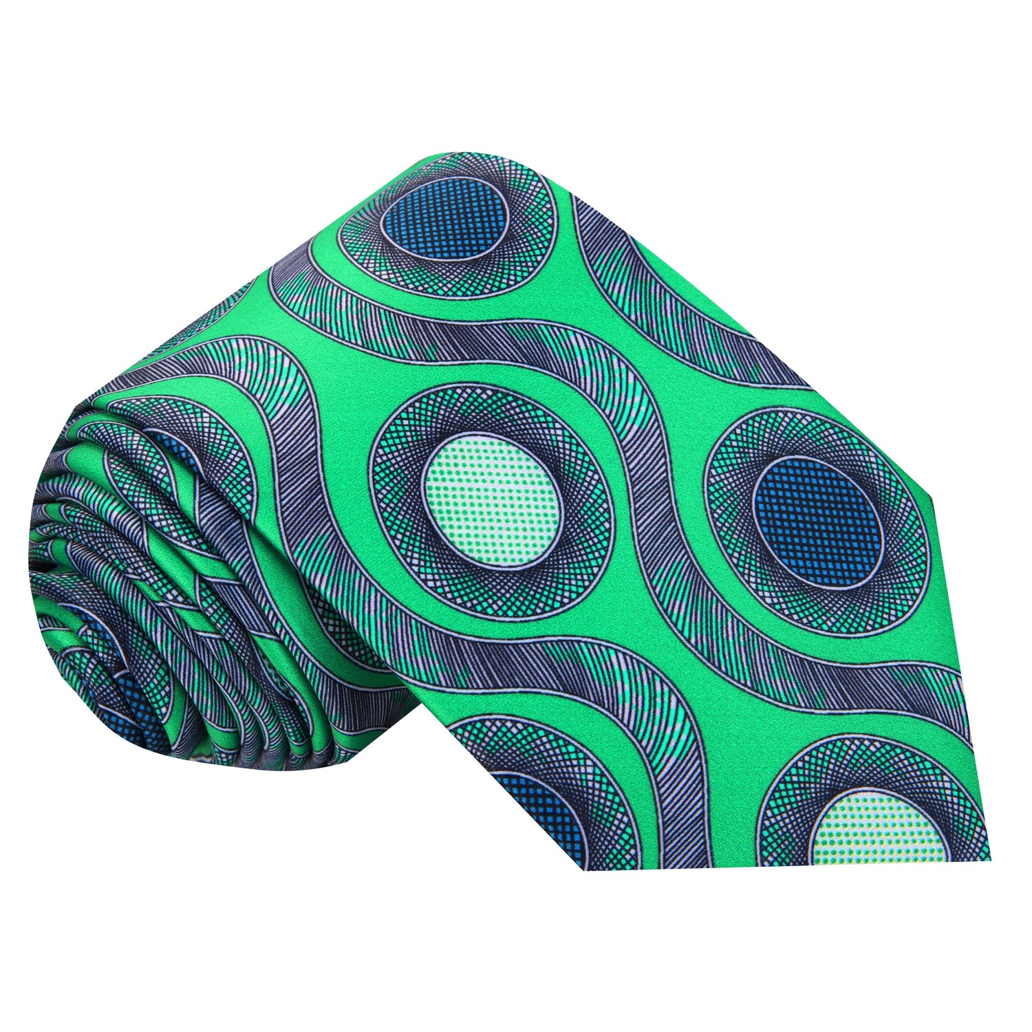 Green Blue Waves and Circles Tie Rolled Up