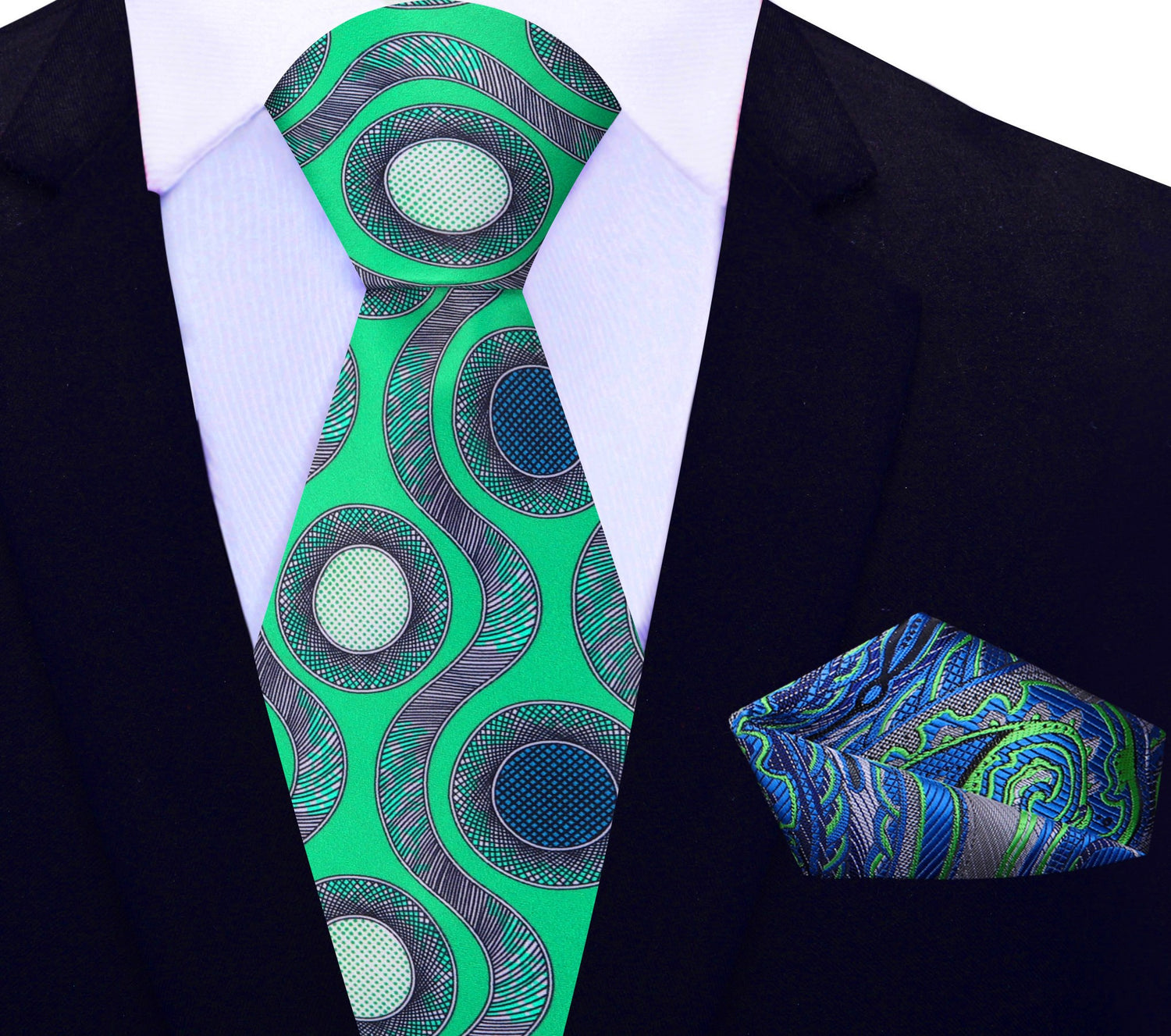 Main View Green Blue Waves and Circles Tie and Accenting Square