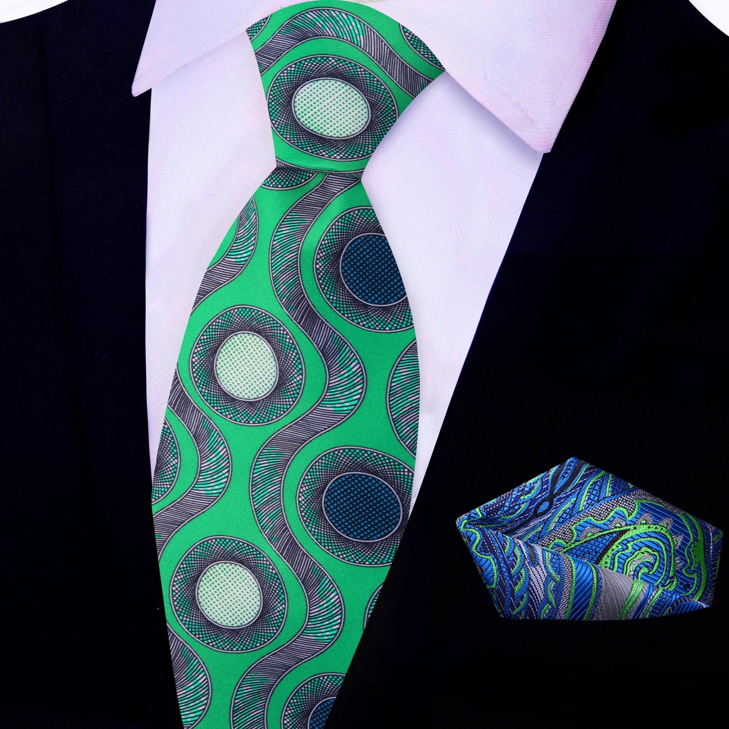 View 2: Green Blue Waves and Circles Tie and Accenting Square