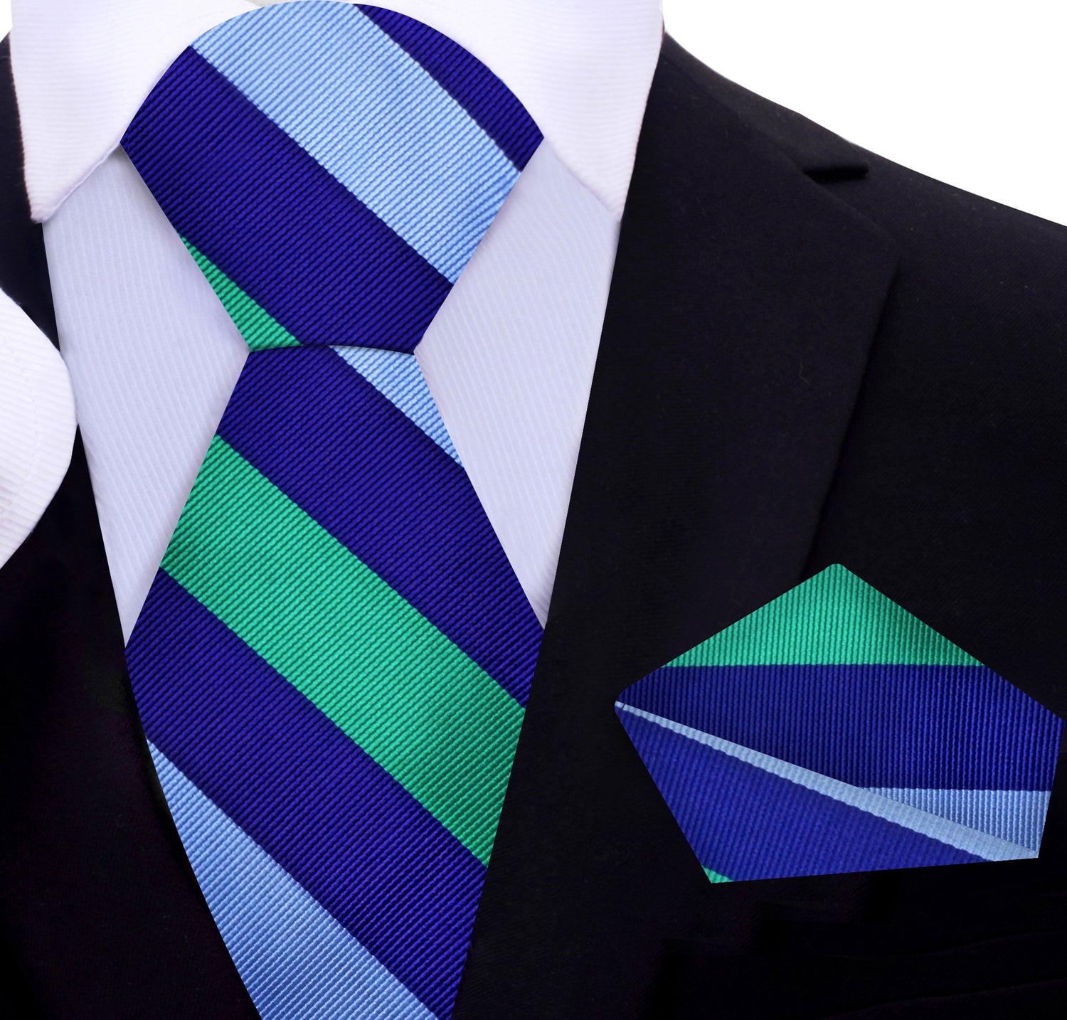 A Blue, Light Blue, Green Stripe Pattern Silk Necktie, Matching Pocket Square