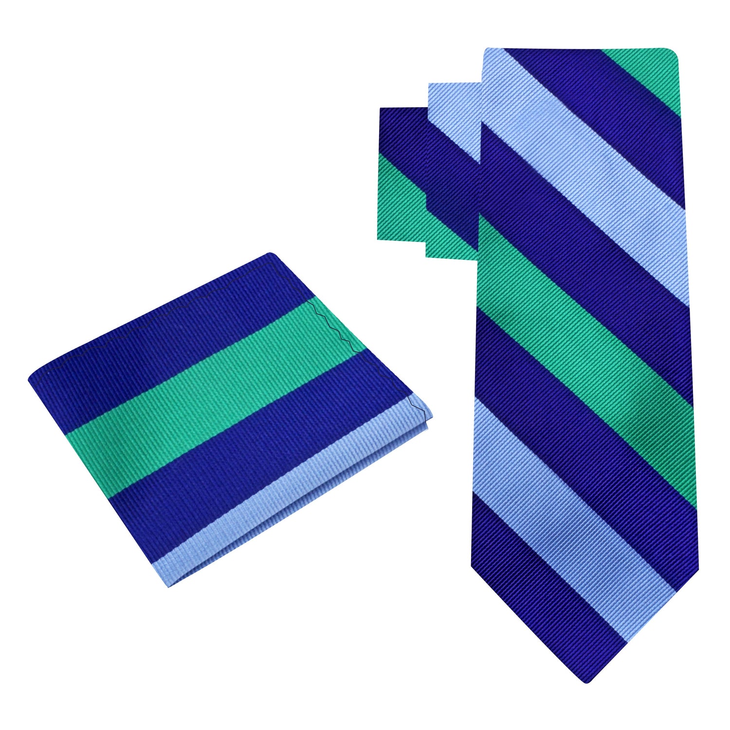 Alt View: A Blue, Light Blue, Green Stripe Pattern Silk Necktie, Matching Pocket Square