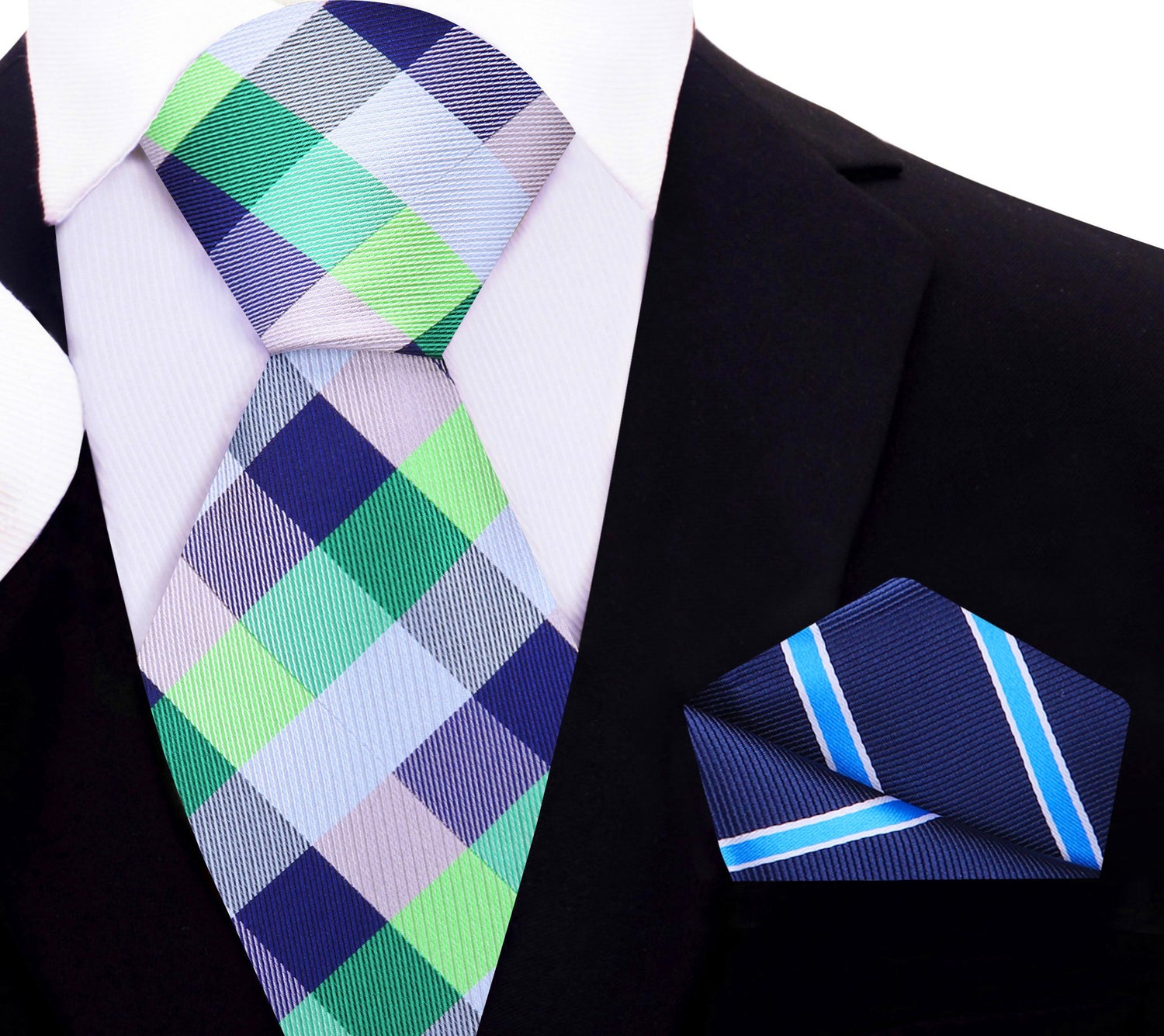 Green and Blue Check Tie and Accenting Blue Stripe Pocket Square