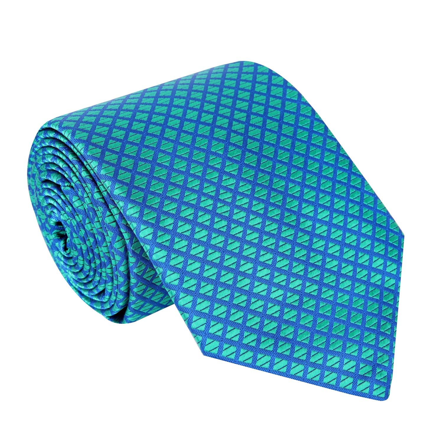 A Teal, Blue Small Check Pattern Silk Necktie 