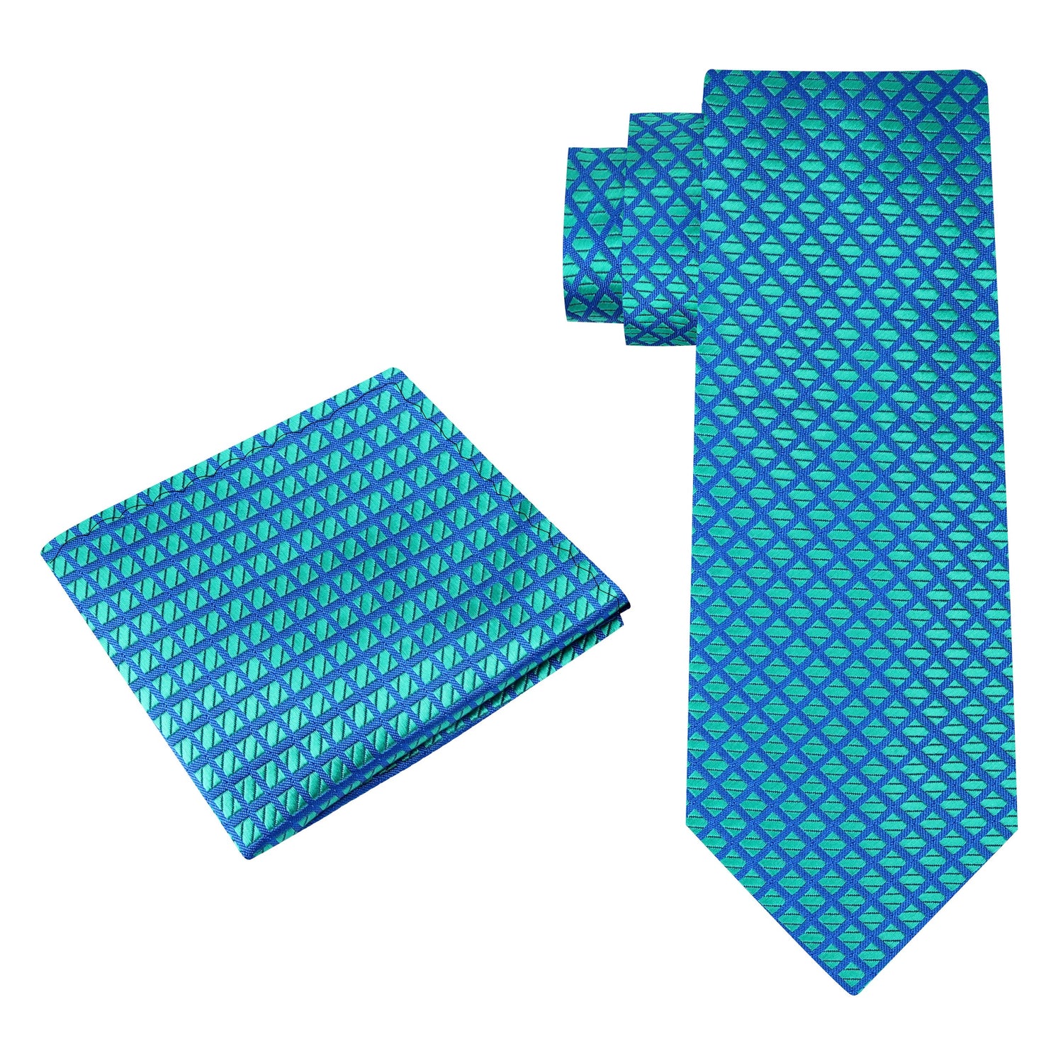 Alt View: A Teal, Blue Small Check Pattern Silk Necktie, Matching Pocket Square