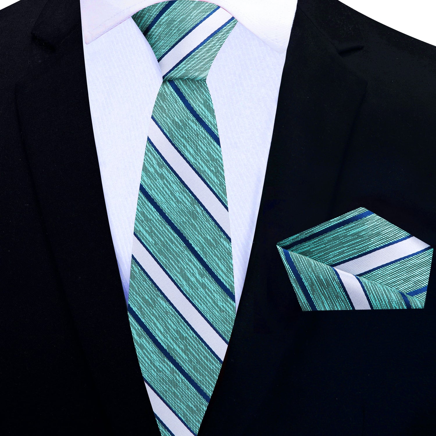 Thin Tie View: Green, Blue Stripe Tie and Pocket Square