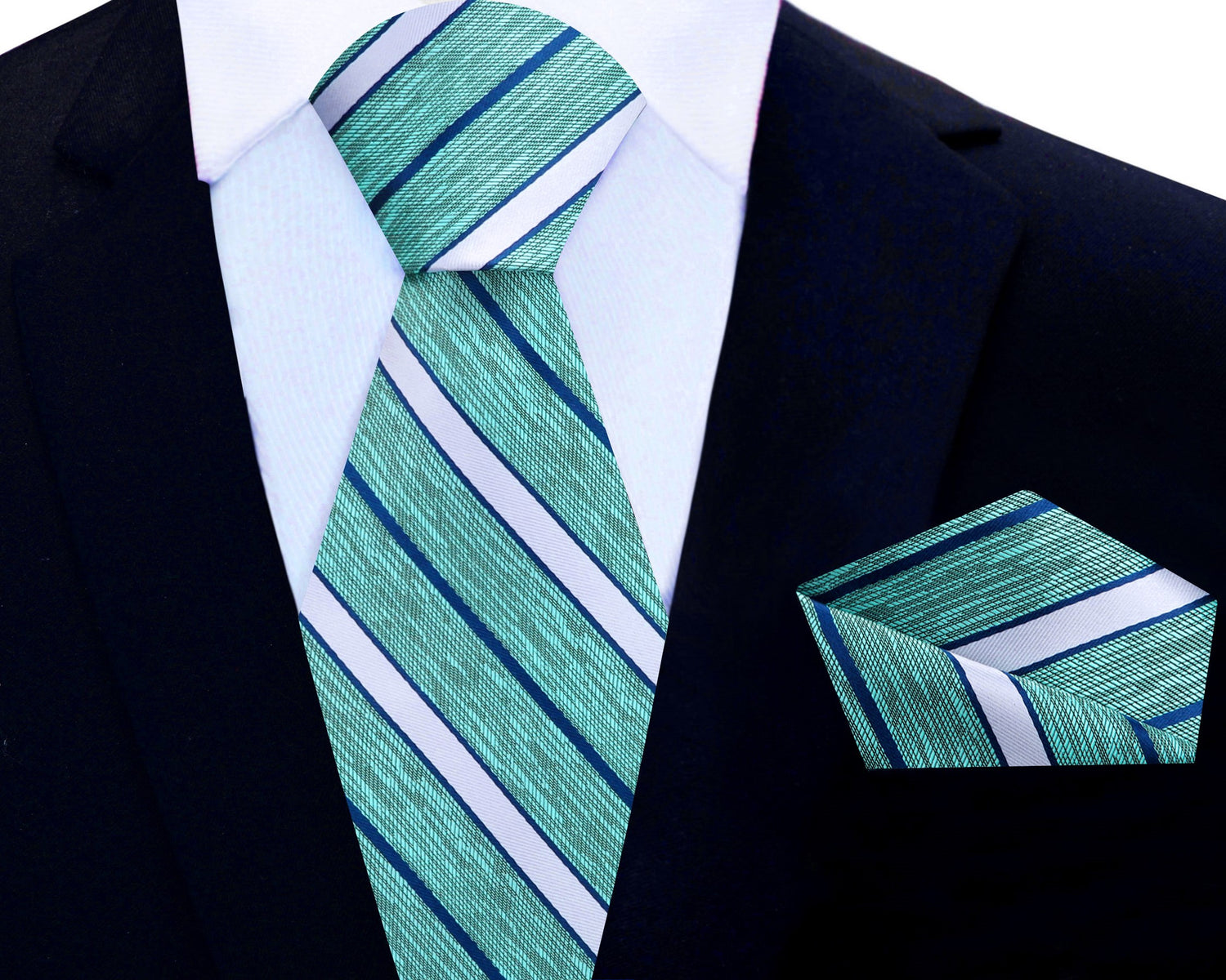 View 2: Green, Blue Stripe Tie and Pocket Square