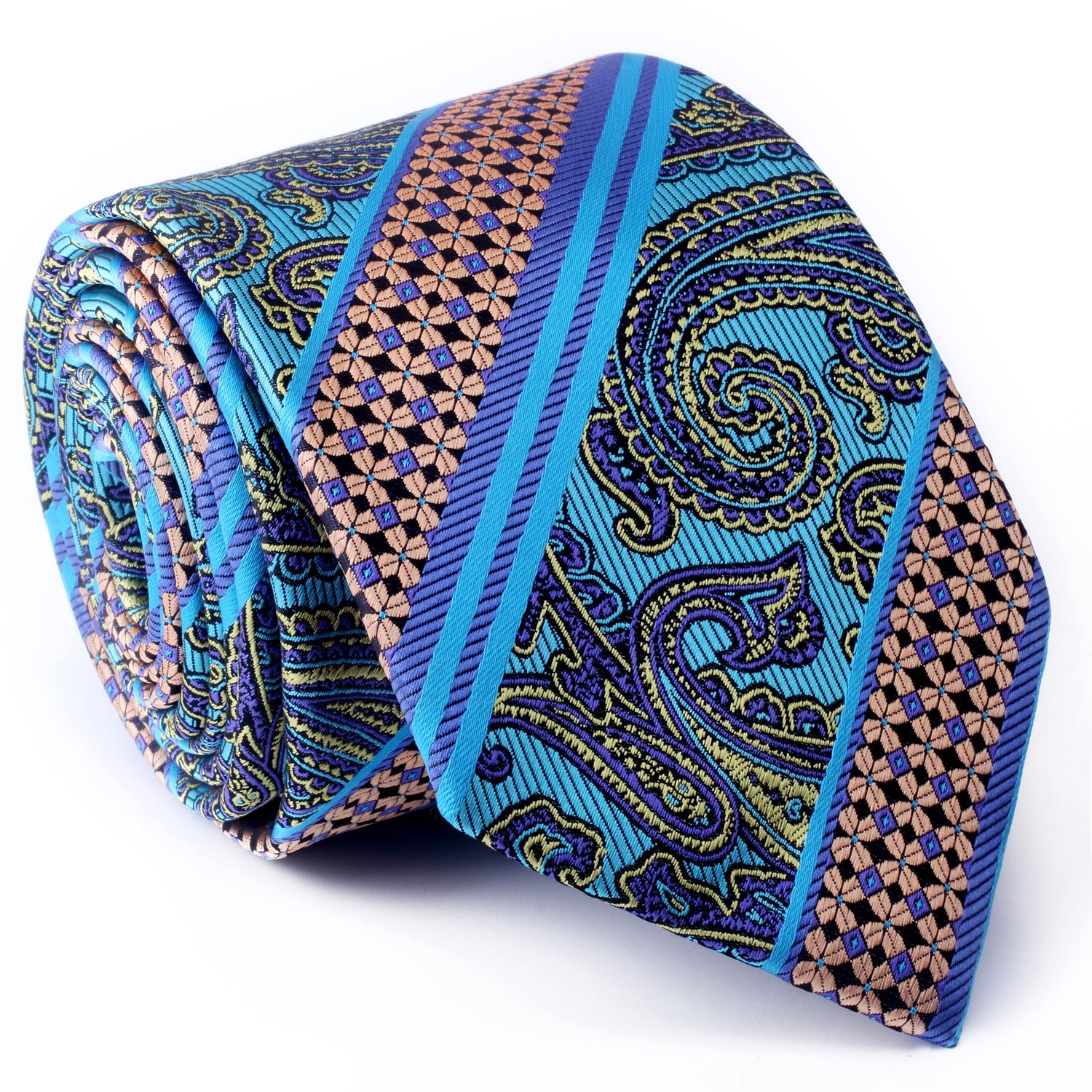A Lime, Orange, Blue Paisley Pattern Silk Necktie 