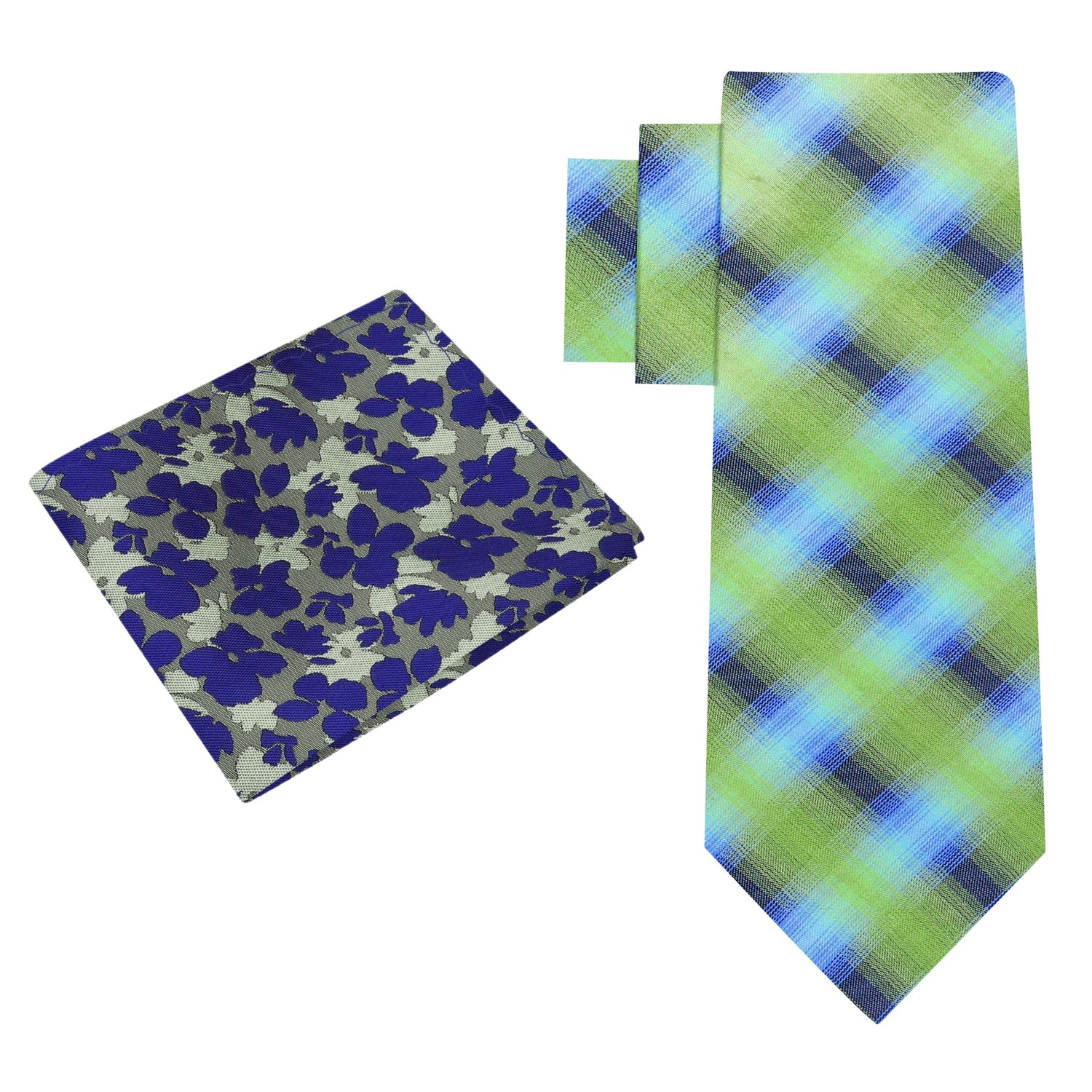 Alt View Green and Blue Plaid Tie with Green and Blue Floral Square