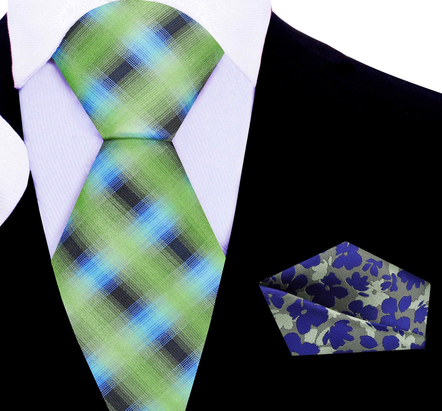 Green and Blue Plaid Tie with Green and Blue Floral Square
