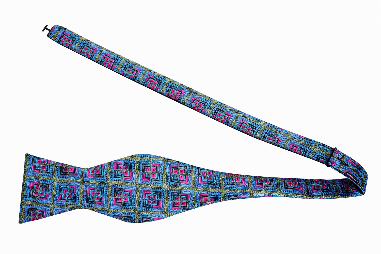 A Green, Blue, Pink Geometric Floral Pattern Silk Self Tie Untied Bow Tie