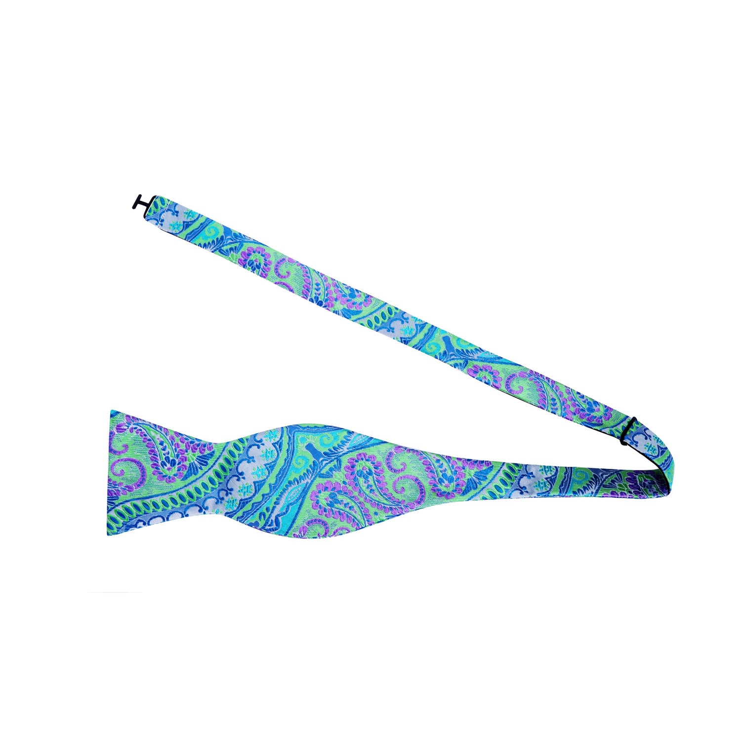 A Green, Blue And Purple Paisley Pattern Silk Self Tie Bow Tie Untied