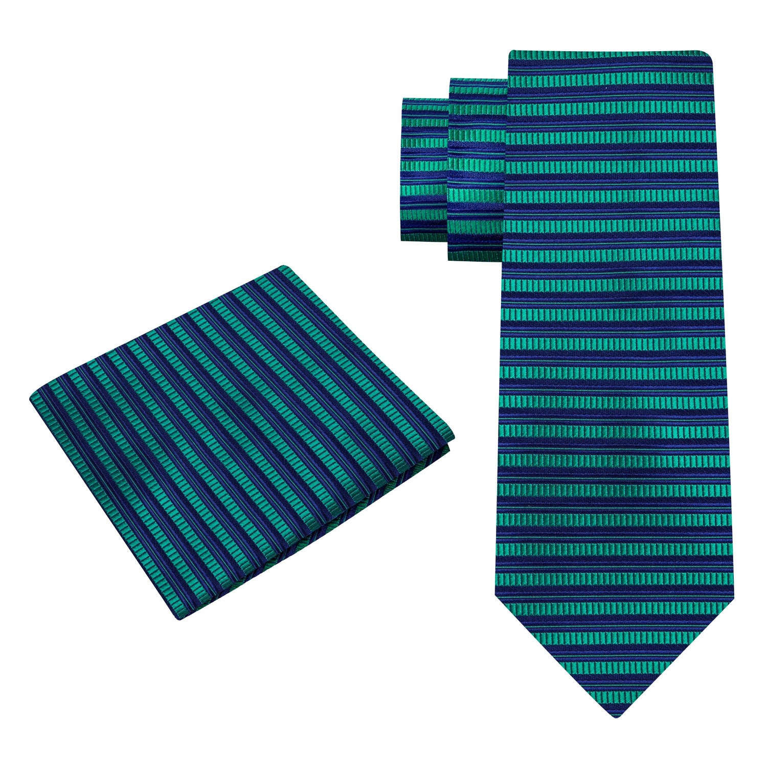 Alt View: A Green, Blue Horizontal Line Pattern Silk Necktie, Matching Pocket Square