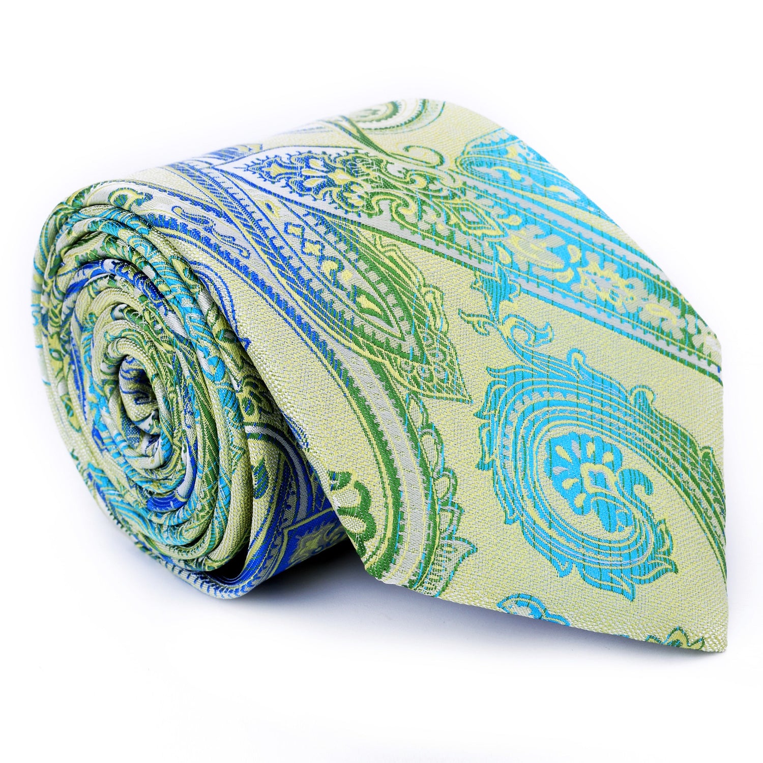 A Bright Green, Blue Paisley Pattern Silk Necktie 
