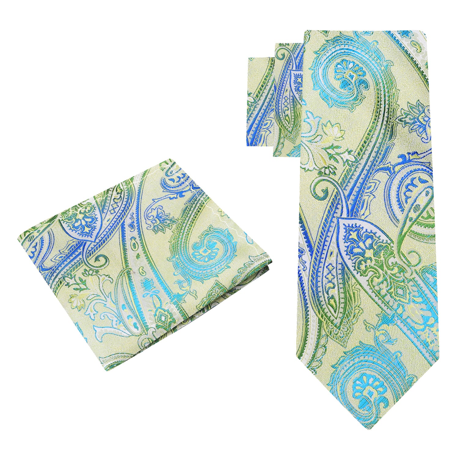 Alt View: A Bright Green, Blue Paisley Pattern Silk Necktie, Matching Pocket Square