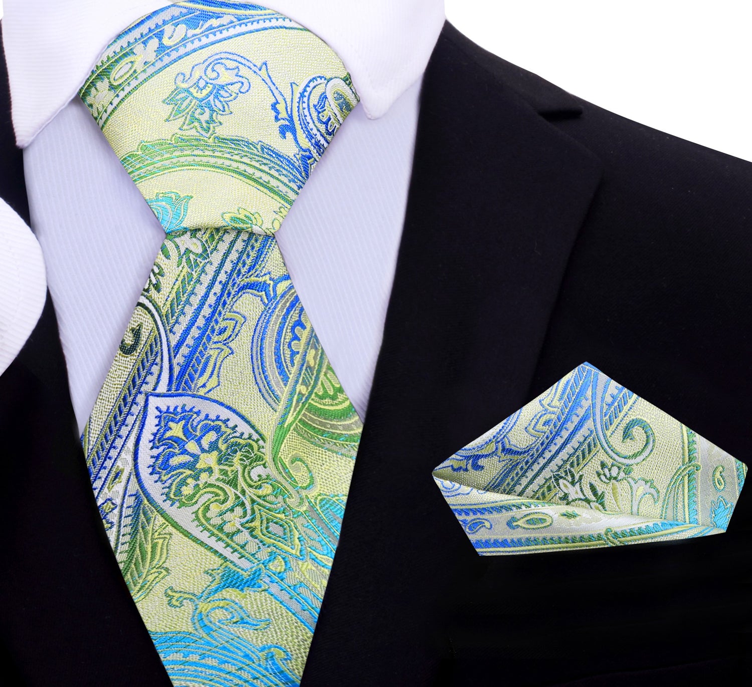 A Bright Green, Blue Paisley Pattern Silk Necktie, Matching Pocket Square