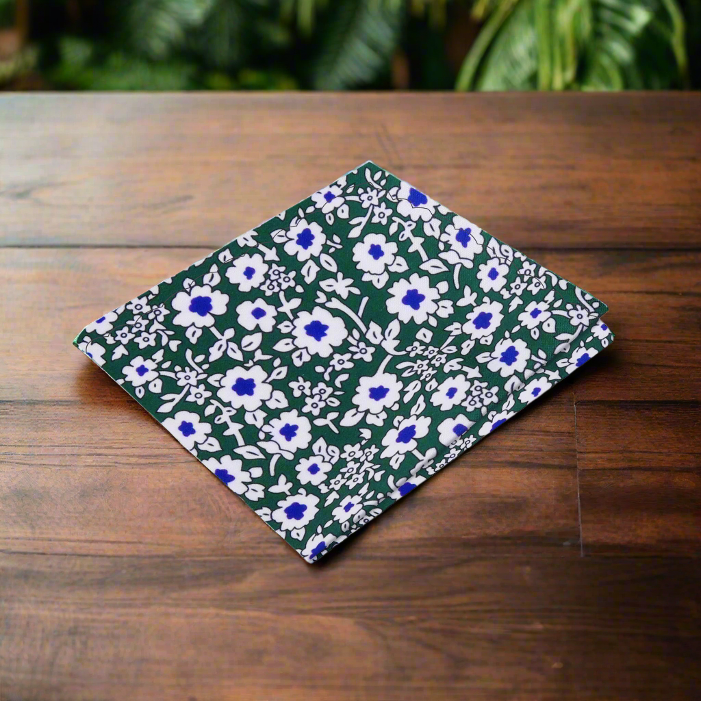 Green, White and Blue Flowers Pocket Square