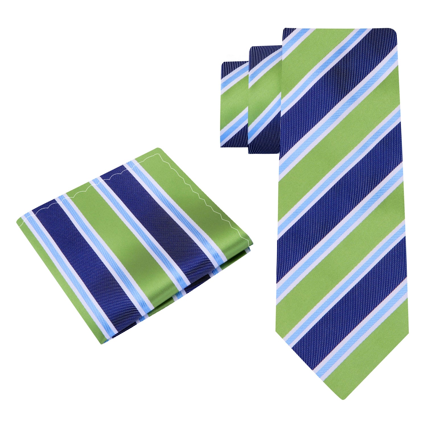 Alt View: A Blue, Green Striped Pattern Silk Necktie, Matching Pocket Square