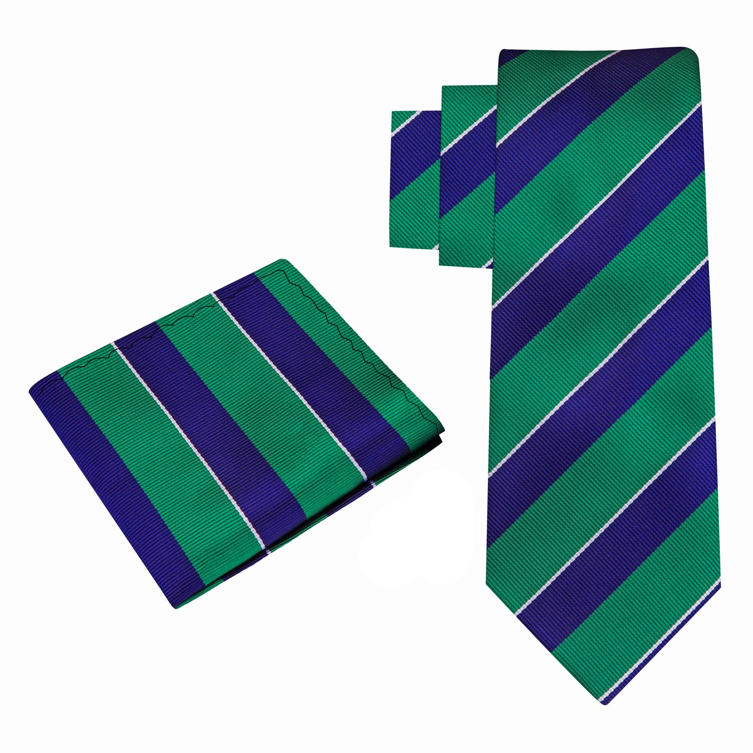 Alt View: A Dark Blue, Green Stripe Pattern Silk Necktie, With Matching Pocket Square