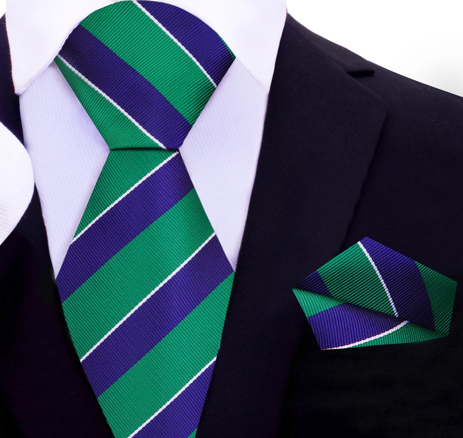 A Dark Blue, Green Stripe Pattern Silk Necktie, With Matching Pocket Square