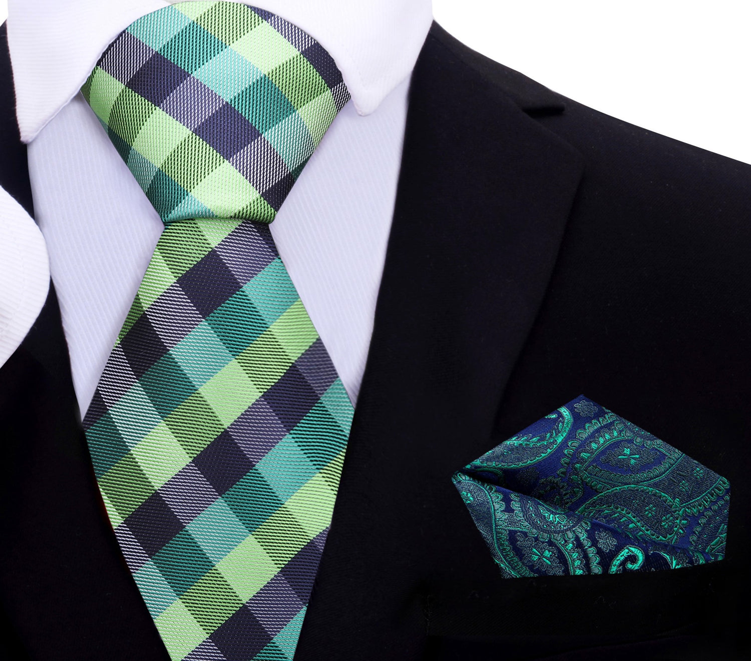 Green and Blue Check Necktie and Accenting Blue Green Paisley Square