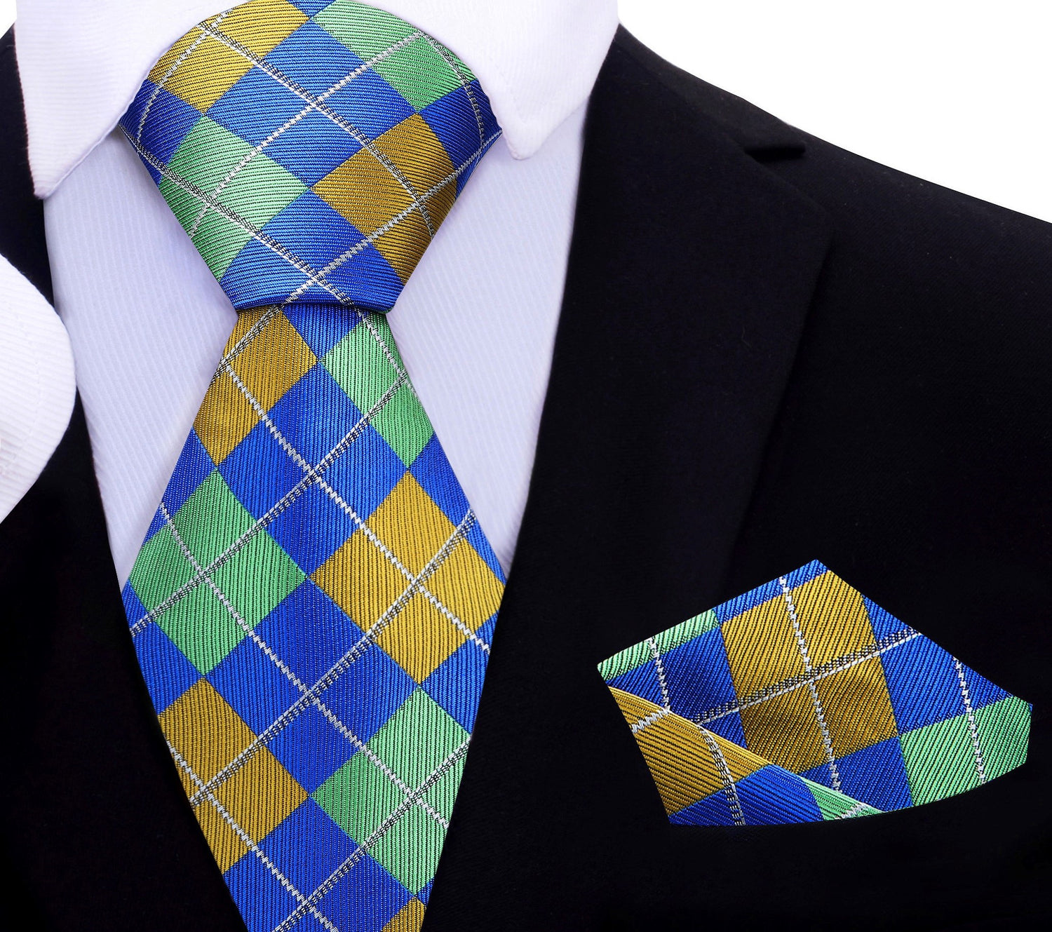 A Green, Blue, Yellow Geometric Argyle Pattern Silk Necktie, Matching Pocket Square