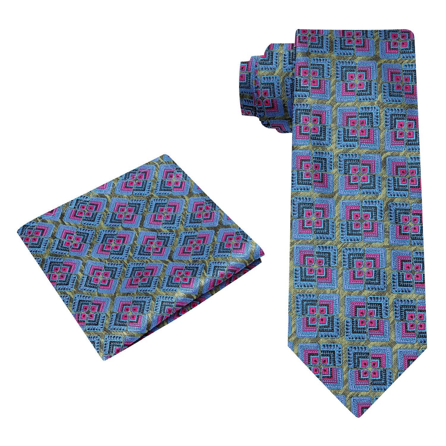 Alt View: RGreen, Blue, Pink Geometric Abstract Tie and Pocket Square