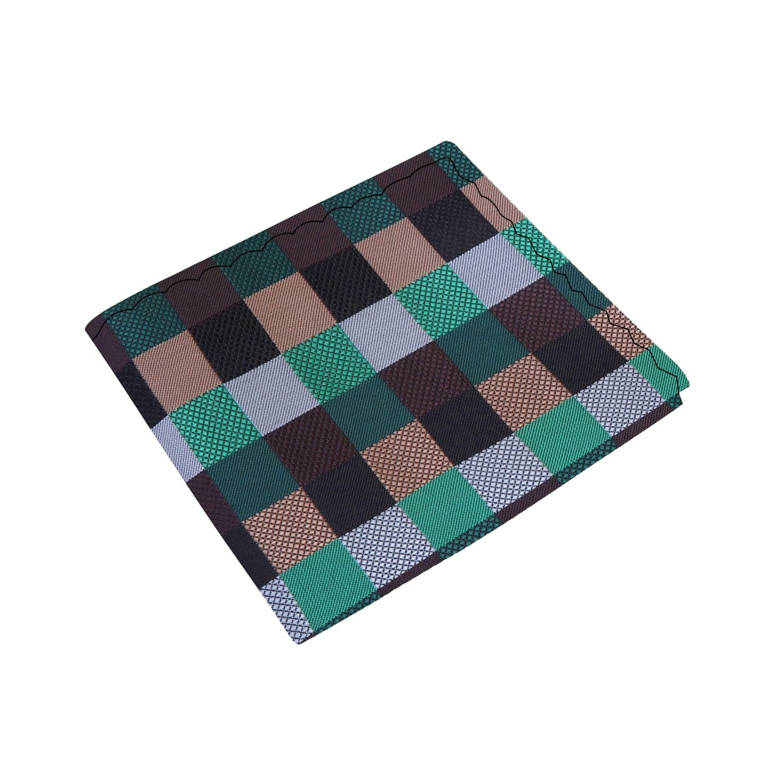 A Black, Green, Brown Geometric Squares Pattern Silk Pocket Square
