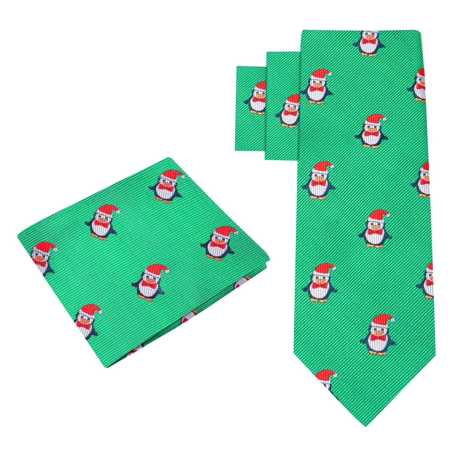 Alt View: Green and Red Christmas Penguin Tie and Pocket Square