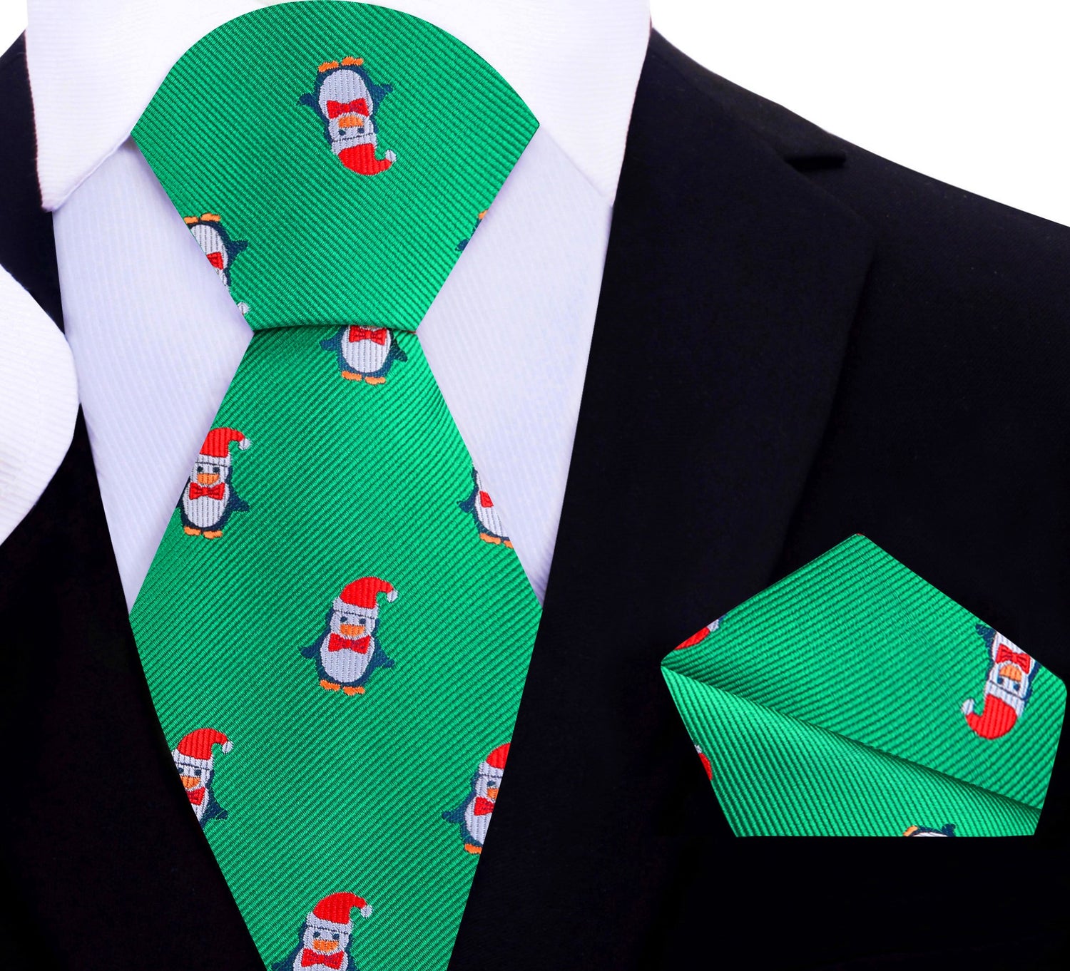 Green and Red Christmas Penguin Tie and Pocket Square