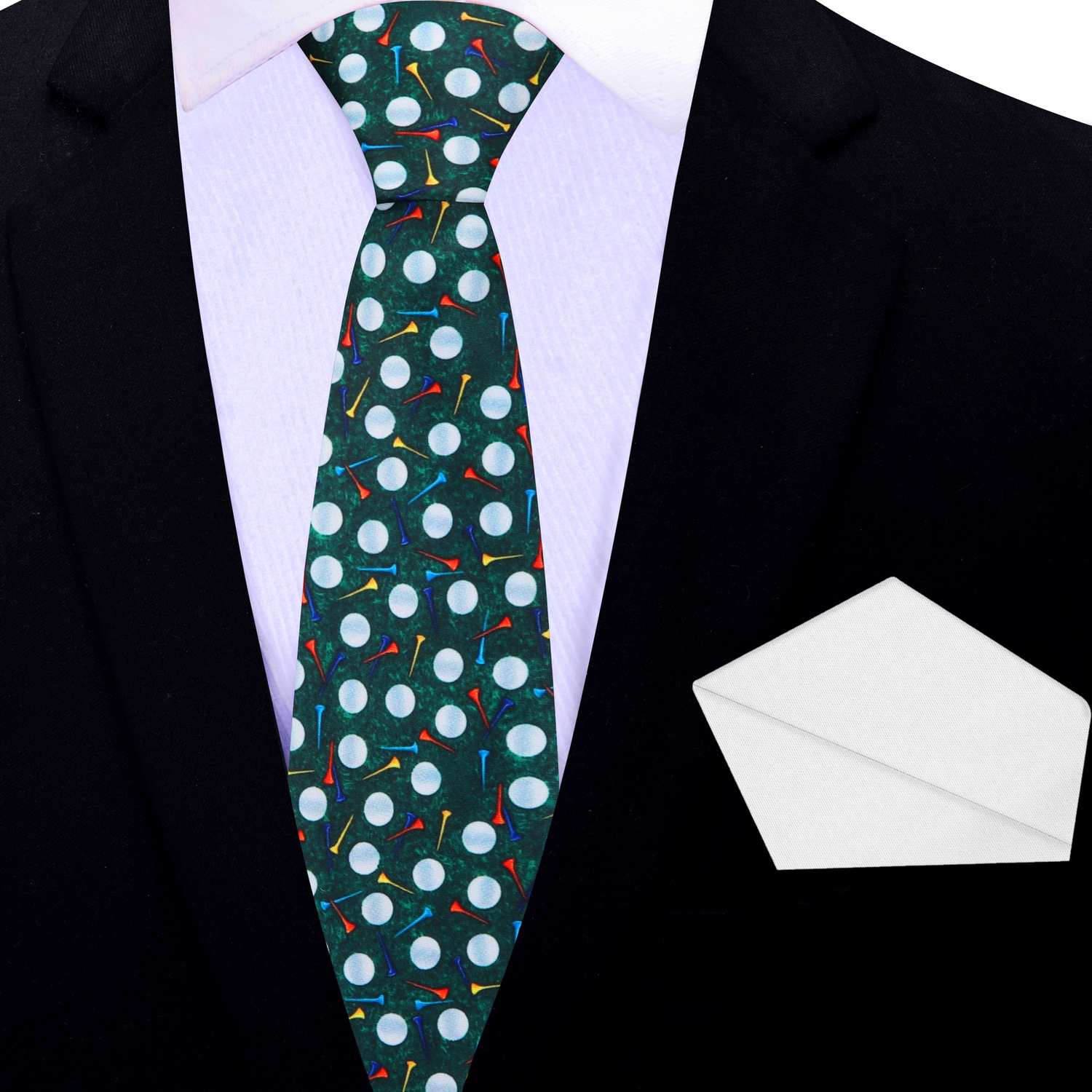 Thin Tie: Green, White Golf Balls Necktie and White Square