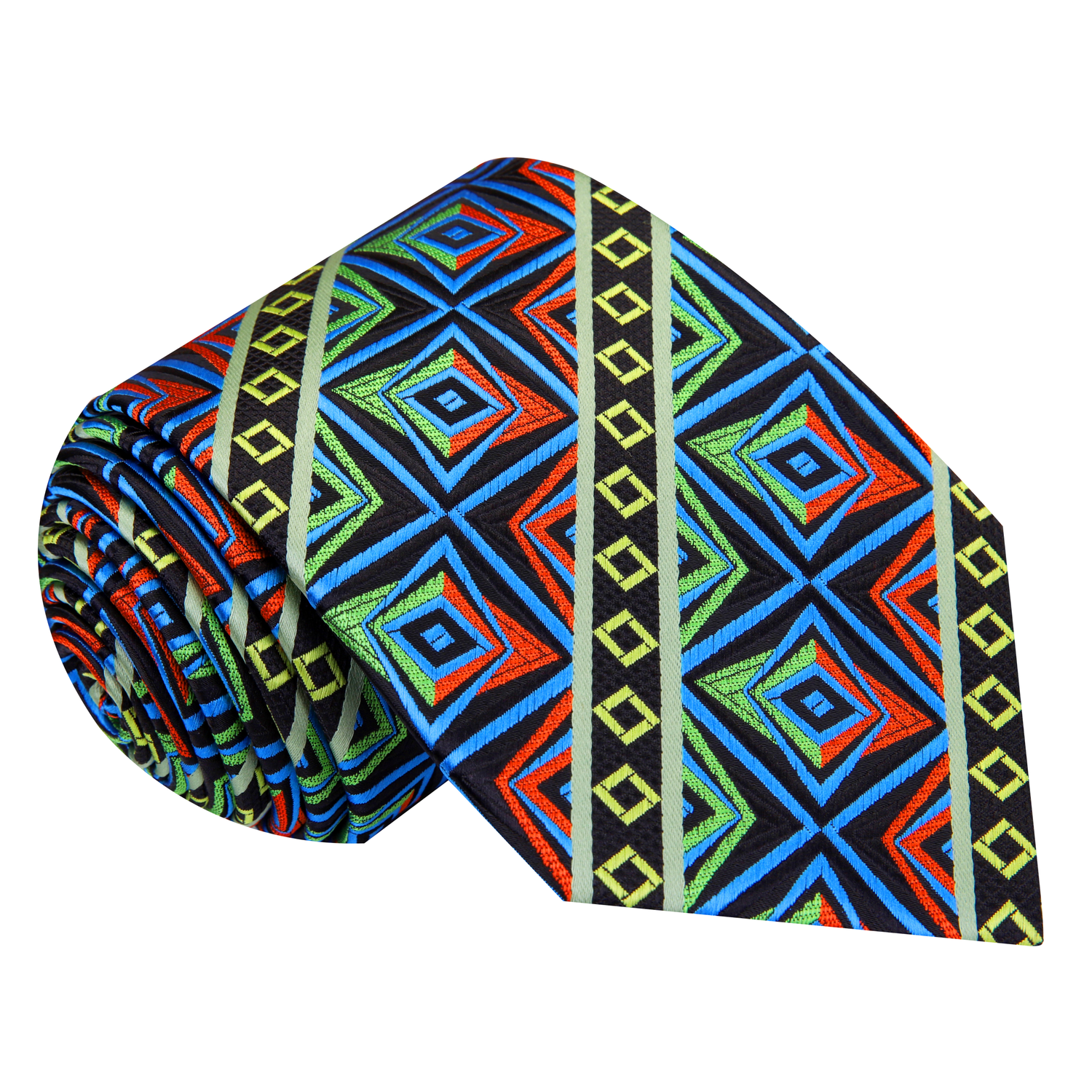 A Green, Orange, Yellow, Blue, Black Abstract Geometric Shapes And Squares Pattern Silk Necktie