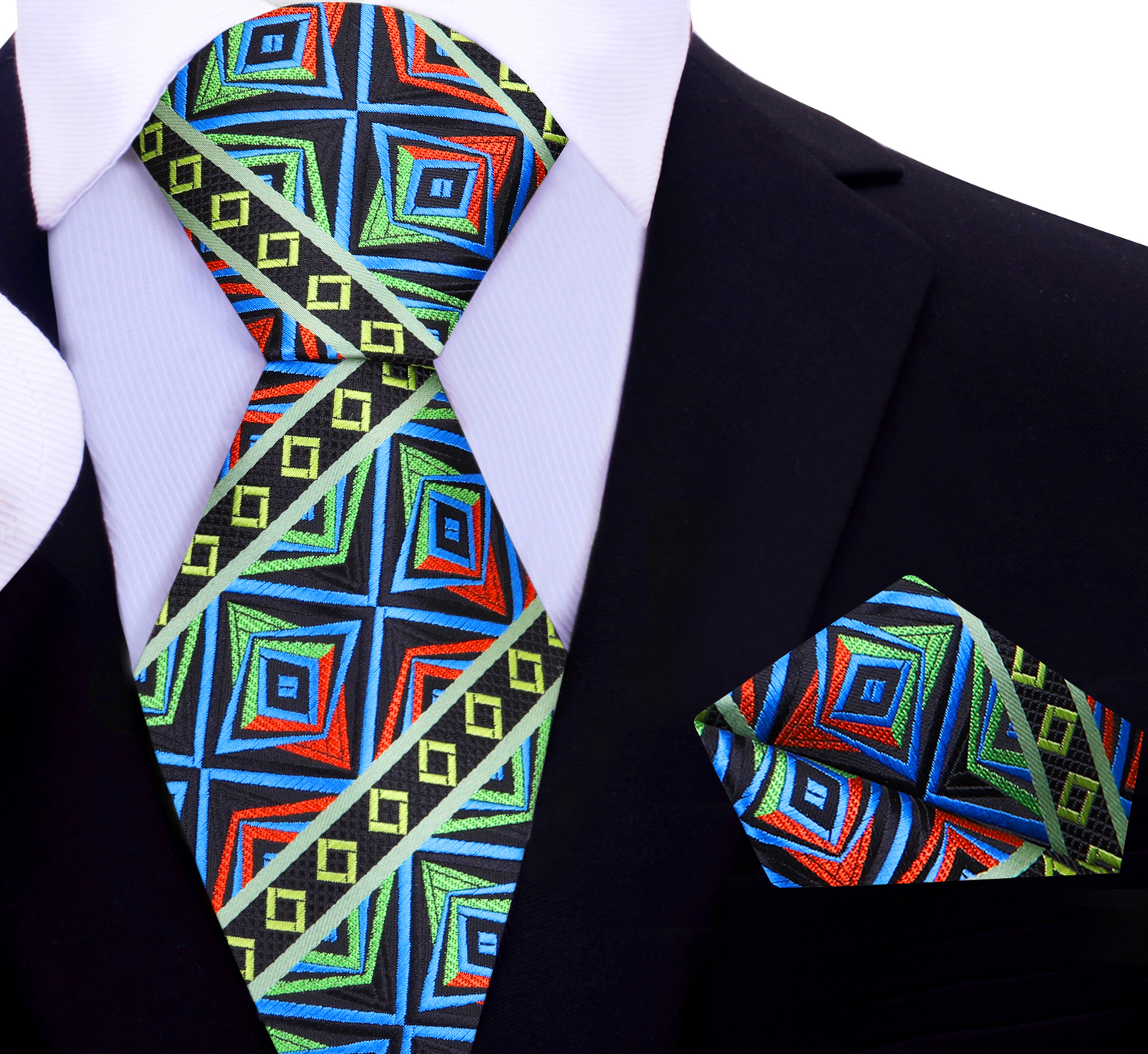 A Green, Orange, Yellow, Blue, Black Abstract Geometric Shapes And Squares Pattern Silk Necktie, Matching Pocket Square 