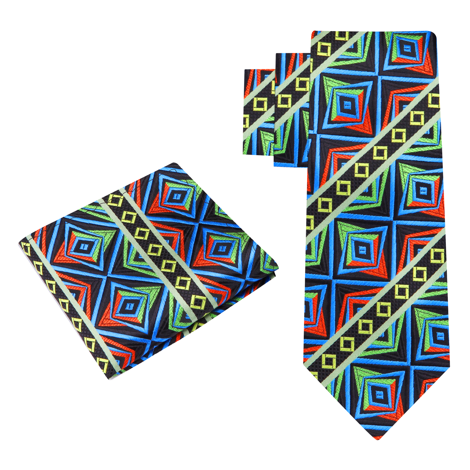 View 2: A Green, Orange, Yellow, Blue, Black Abstract Geometric Shapes And Squares Pattern Silk Necktie, Matching Pocket Square 