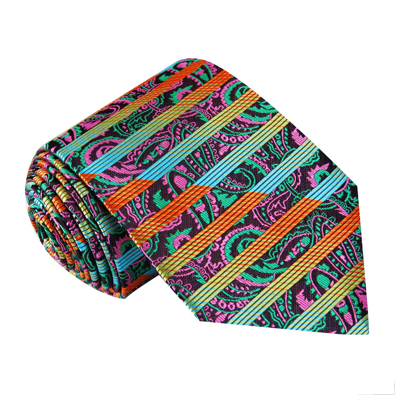 Necktie with a Orange, Green, Blue, Yellow, Pink, Brown Stripe, Abstract, Paisley Pattern