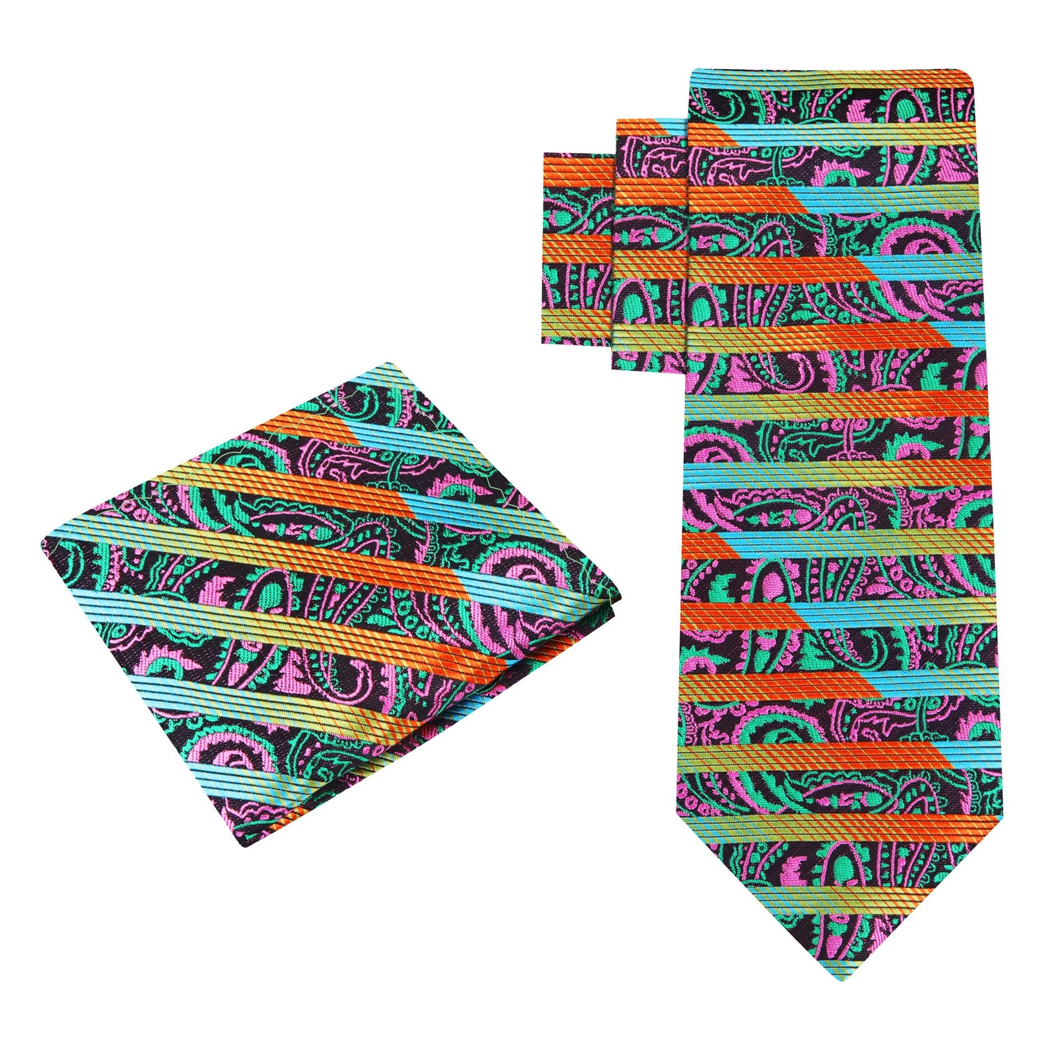 Alt View: Necktie and Square with a Orange, Green, Blue, Yellow, Pink, Brown Stripe, Abstract, Paisley Pattern